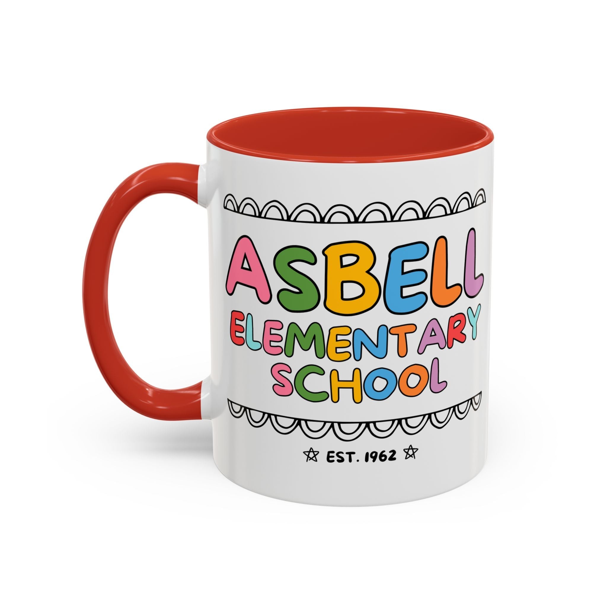 Asbell Elementary School 11 Oz Coffee Mug: Rainbow Letters - Opal and June