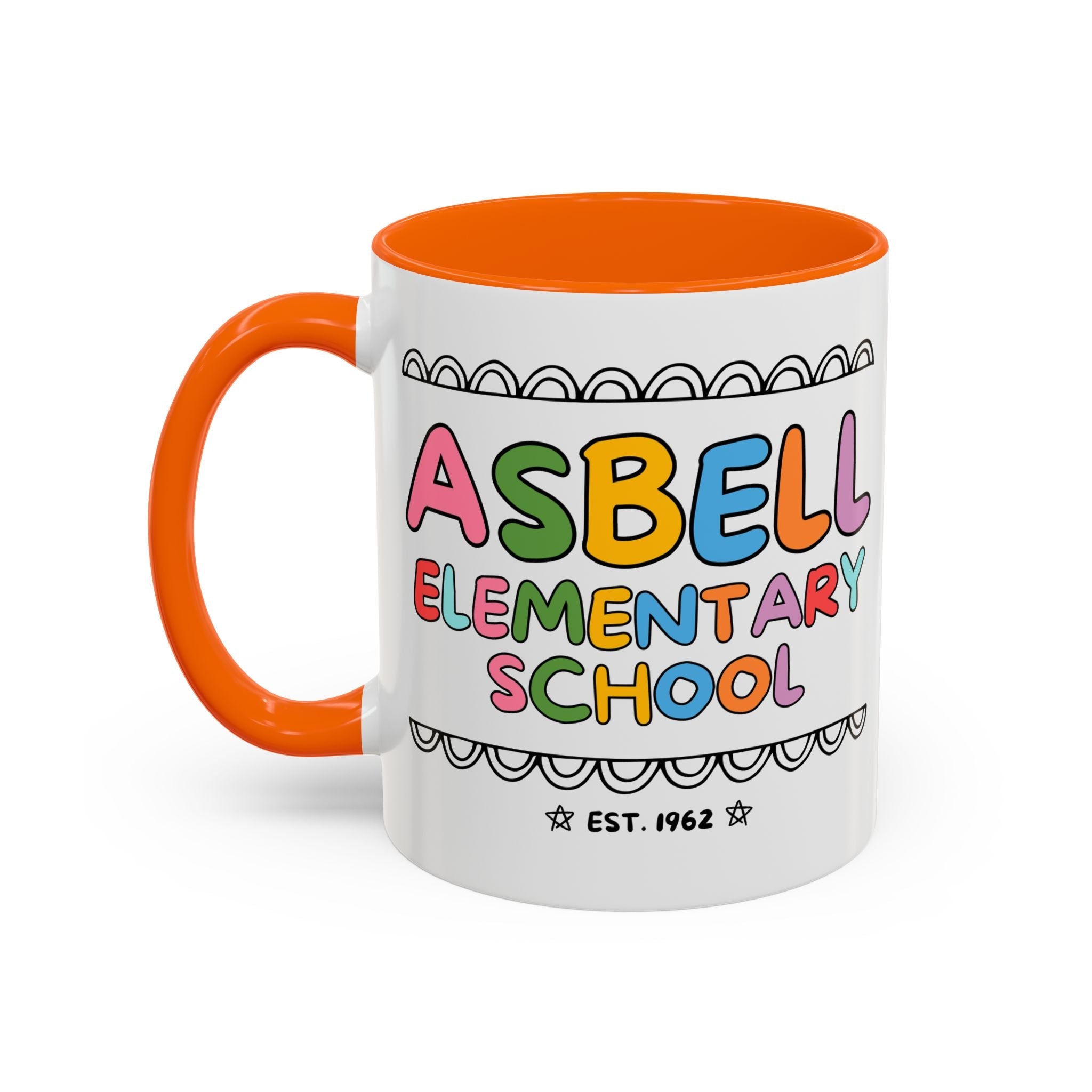 Asbell Elementary School 11 Oz Coffee Mug: Rainbow Letters - Opal and June