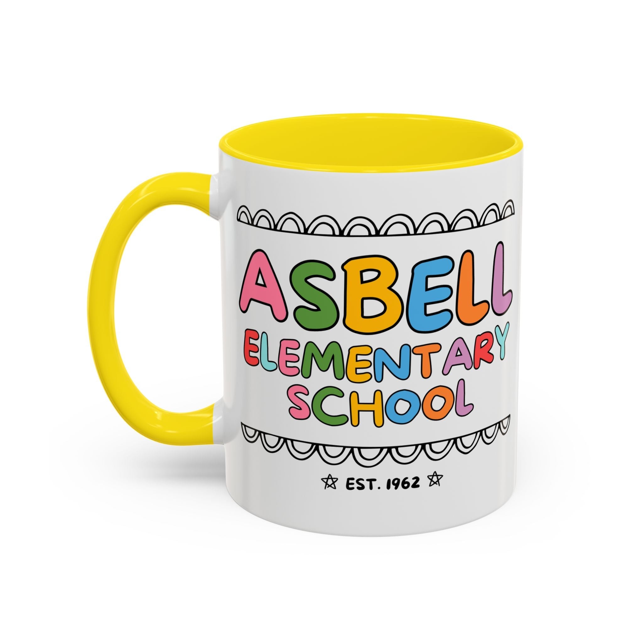 Asbell Elementary School 11 Oz Coffee Mug: Rainbow Letters - Opal and June