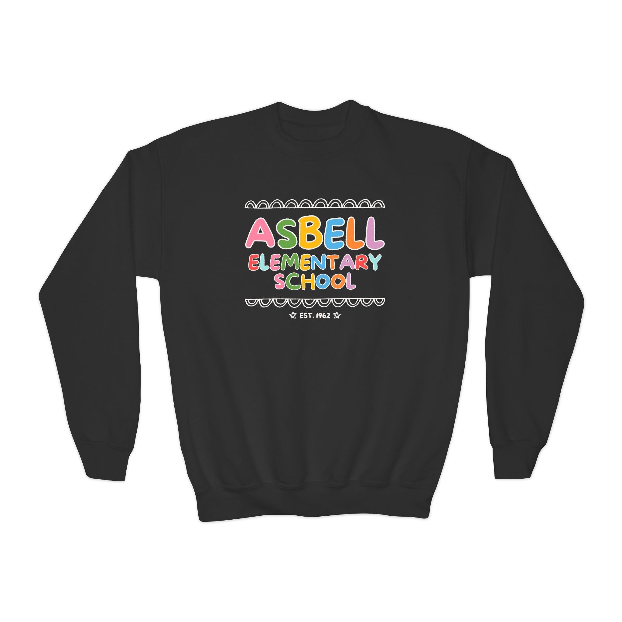 Asbell Elementary School Kids Sweatshirt: Rainbow Letters | FPS + Opal and June Kids Sweatshirt, Fayetteville Public Schools - Opal and June