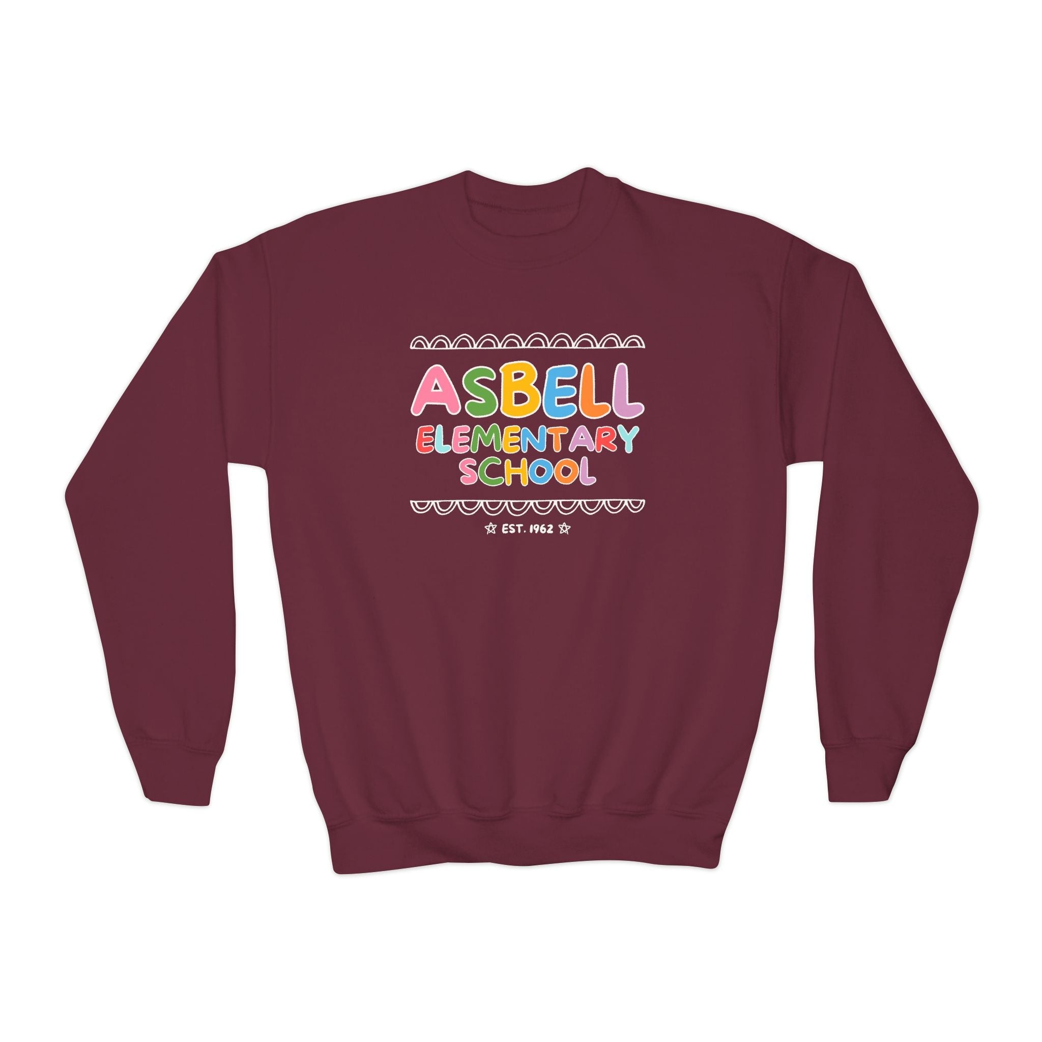 Asbell Elementary School Kids Sweatshirt: Rainbow Letters | FPS + Opal and June Kids Sweatshirt, Fayetteville Public Schools - Opal and June
