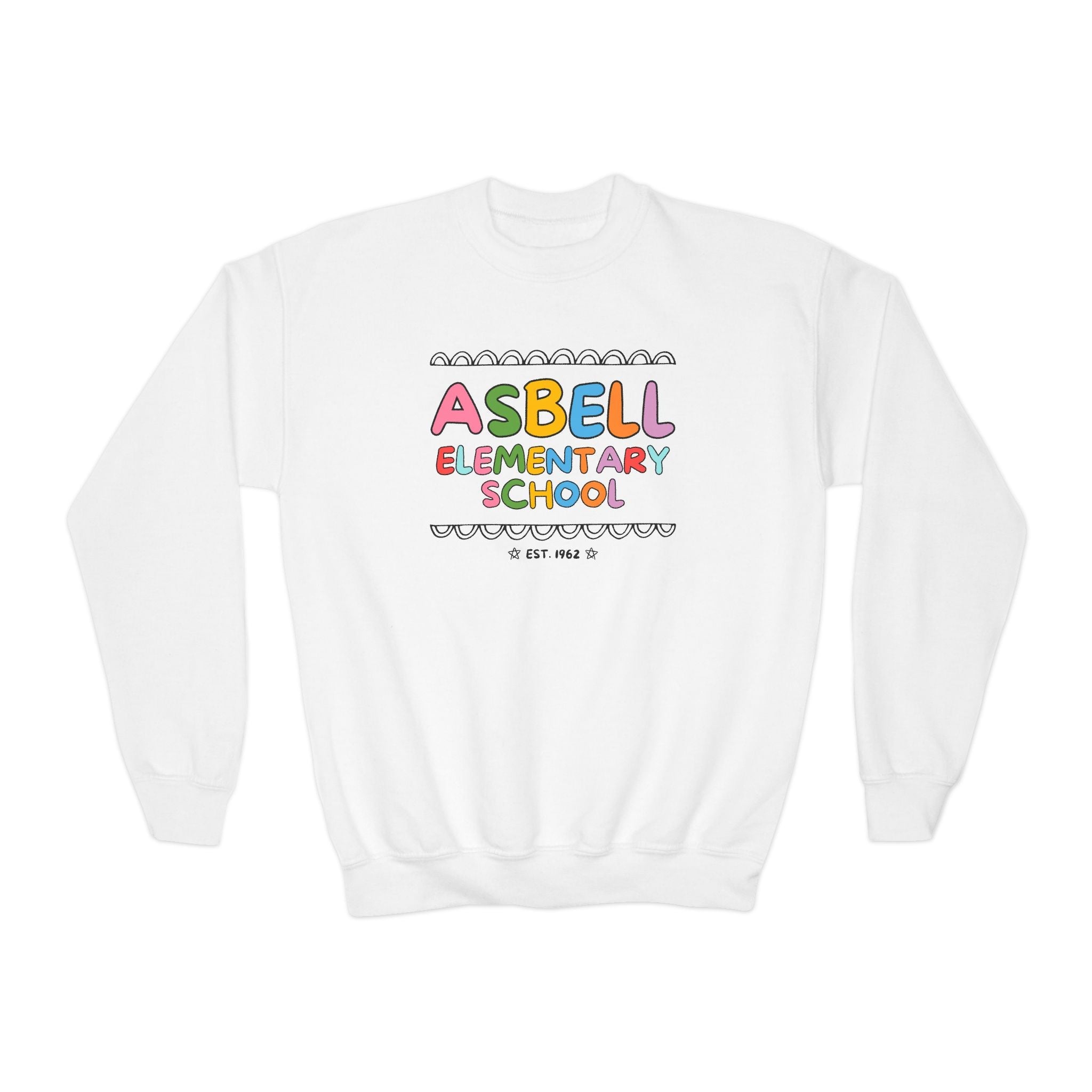 Asbell Elementary School Kids Sweatshirt: Rainbow Letters | FPS + Opal and June Kids Sweatshirt, Fayetteville Public Schools - Opal and June