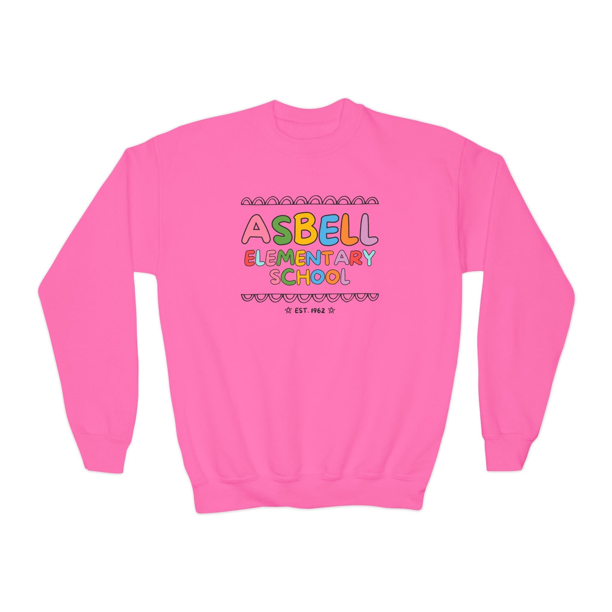 Asbell Elementary School Kids Sweatshirt: Rainbow Letters | FPS + Opal and June Kids Sweatshirt, Fayetteville Public Schools - Opal and June