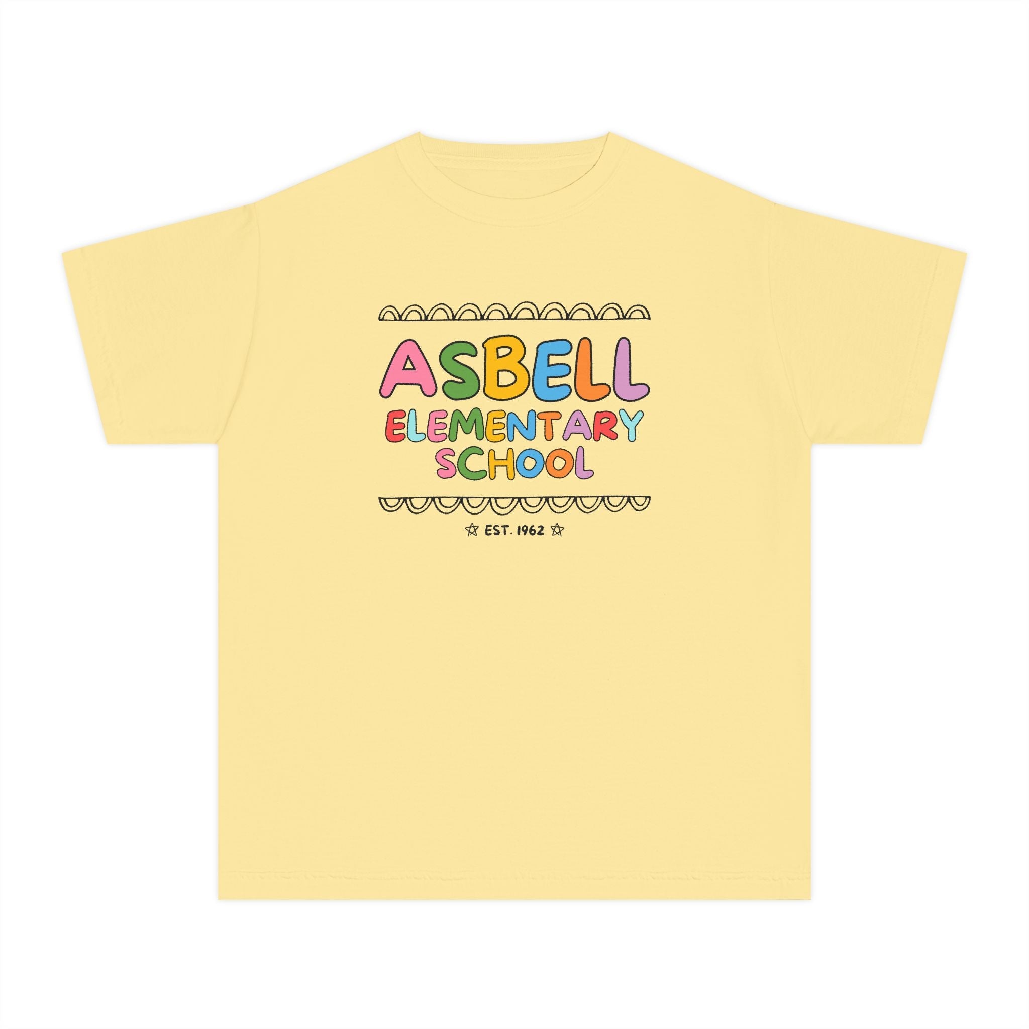 Asbell Elementary School Kids Tee Shirt: Rainbow Letters - Opal and June