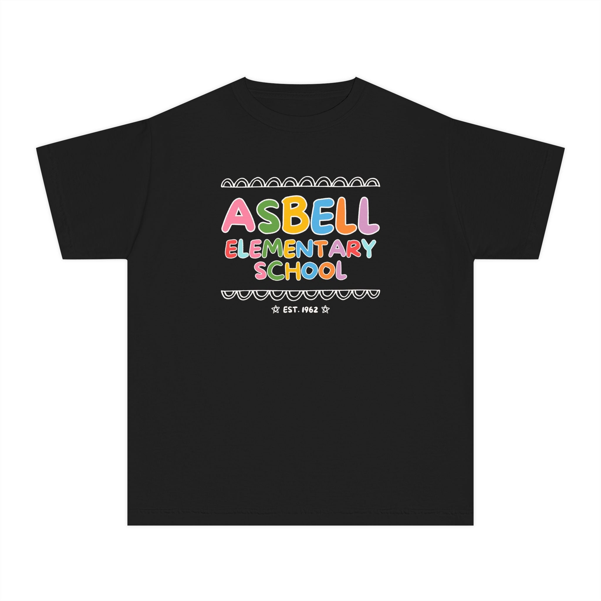 Asbell Elementary School Kids Tee Shirt: Rainbow Letters - Opal and June
