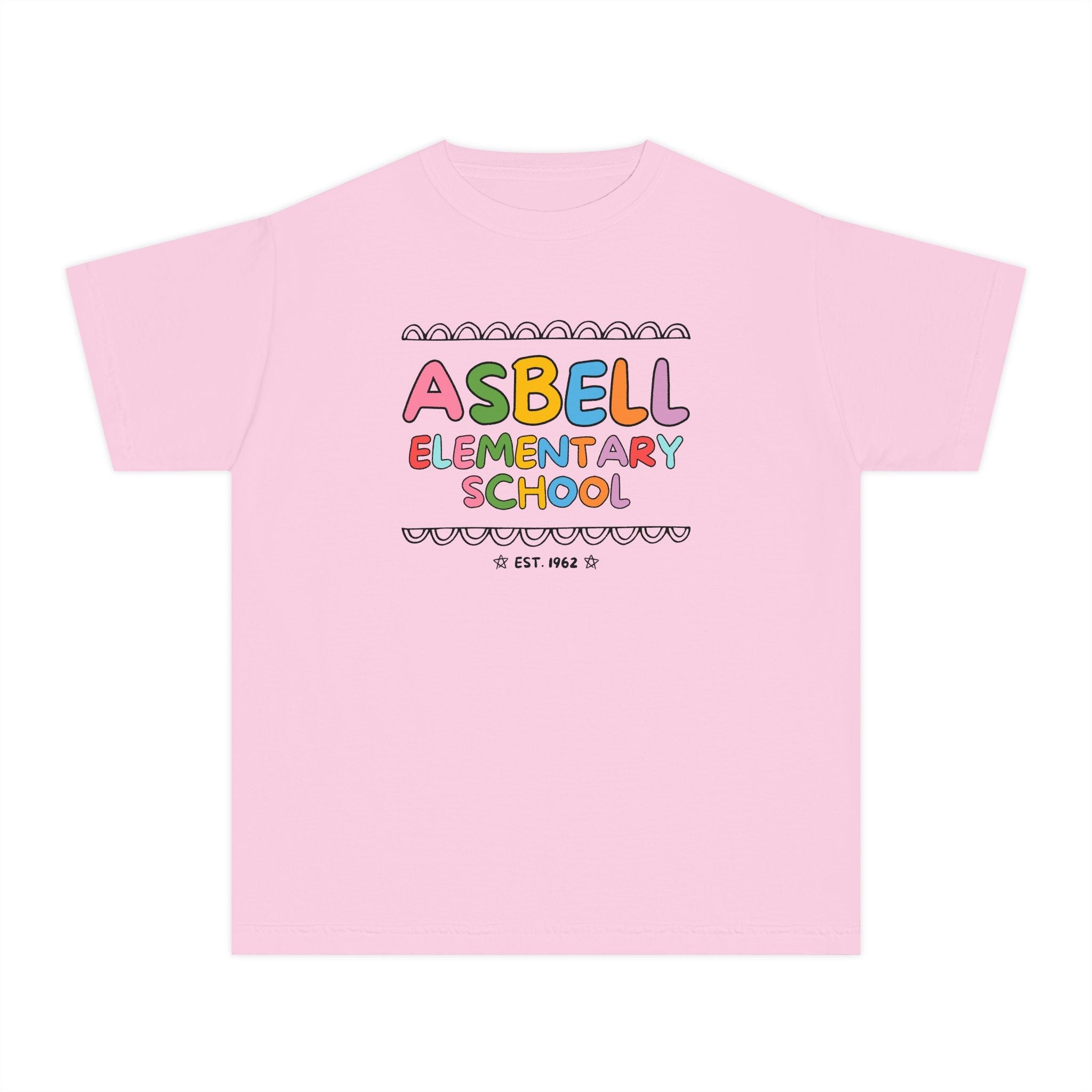 Asbell Elementary School Kids Tee Shirt: Rainbow Letters - Opal and June