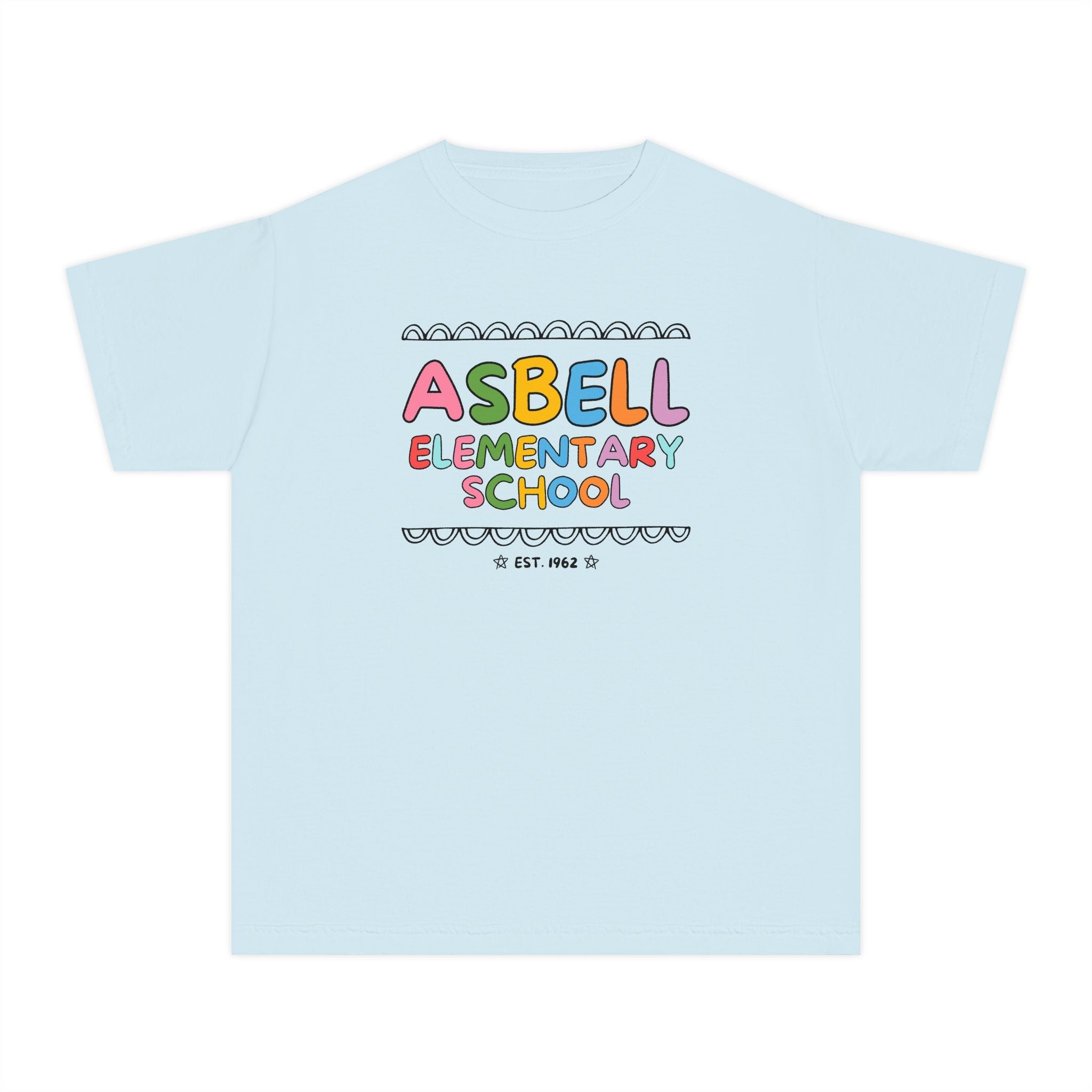 Asbell Elementary School Kids Tee Shirt: Rainbow Letters - Opal and June