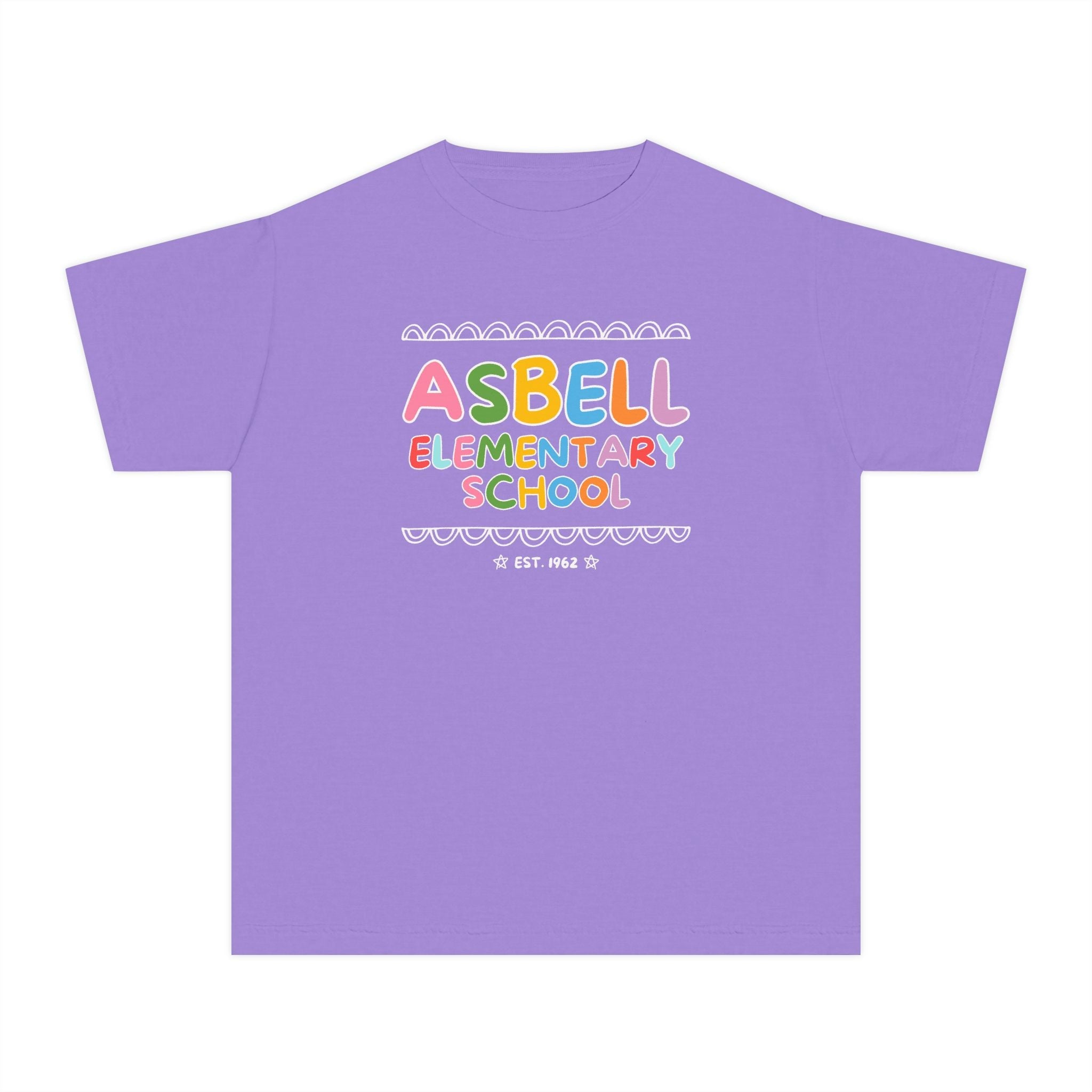Asbell Elementary School Kids Tee Shirt: Rainbow Letters - Opal and June