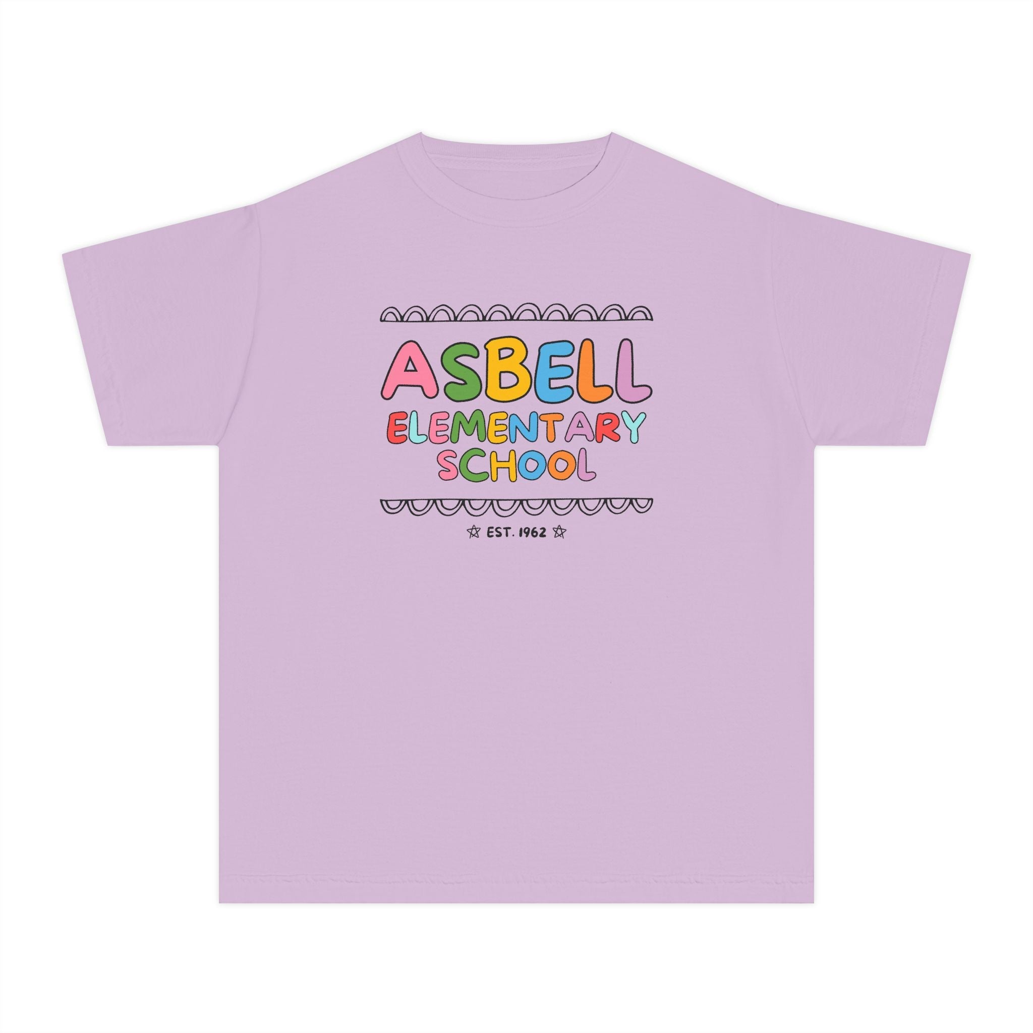 Asbell Elementary School Kids Tee Shirt: Rainbow Letters - Opal and June