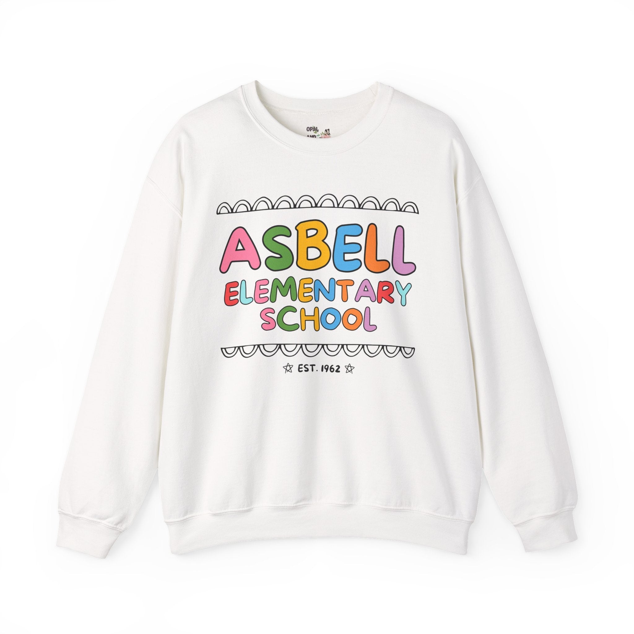 Asbell Elementary School Sweatshirt: Rainbow Letters | FPS + Opal and June Sweatshirt, Fayetteville Public Schools - Opal and June
