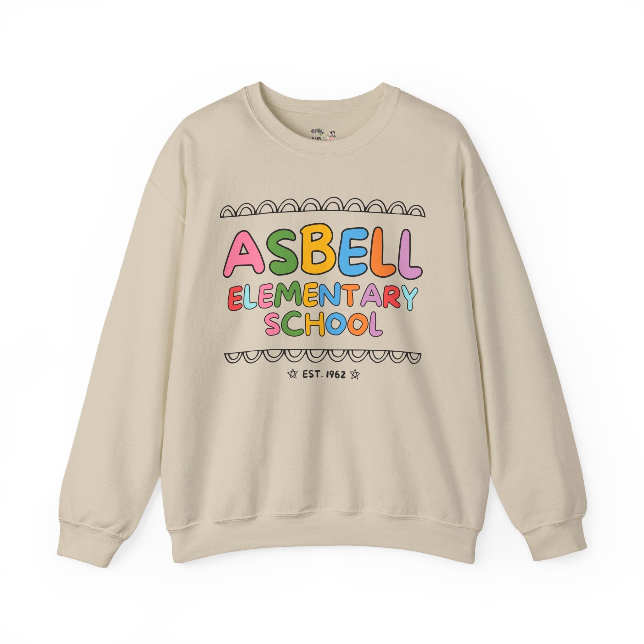 Asbell Elementary School Sweatshirt: Rainbow Letters | FPS + Opal and June Sweatshirt, Fayetteville Public Schools - Opal and June