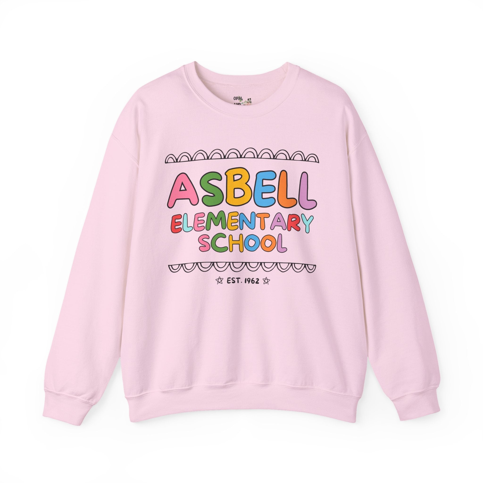 Asbell Elementary School Sweatshirt: Rainbow Letters | FPS + Opal and June Sweatshirt, Fayetteville Public Schools - Opal and June