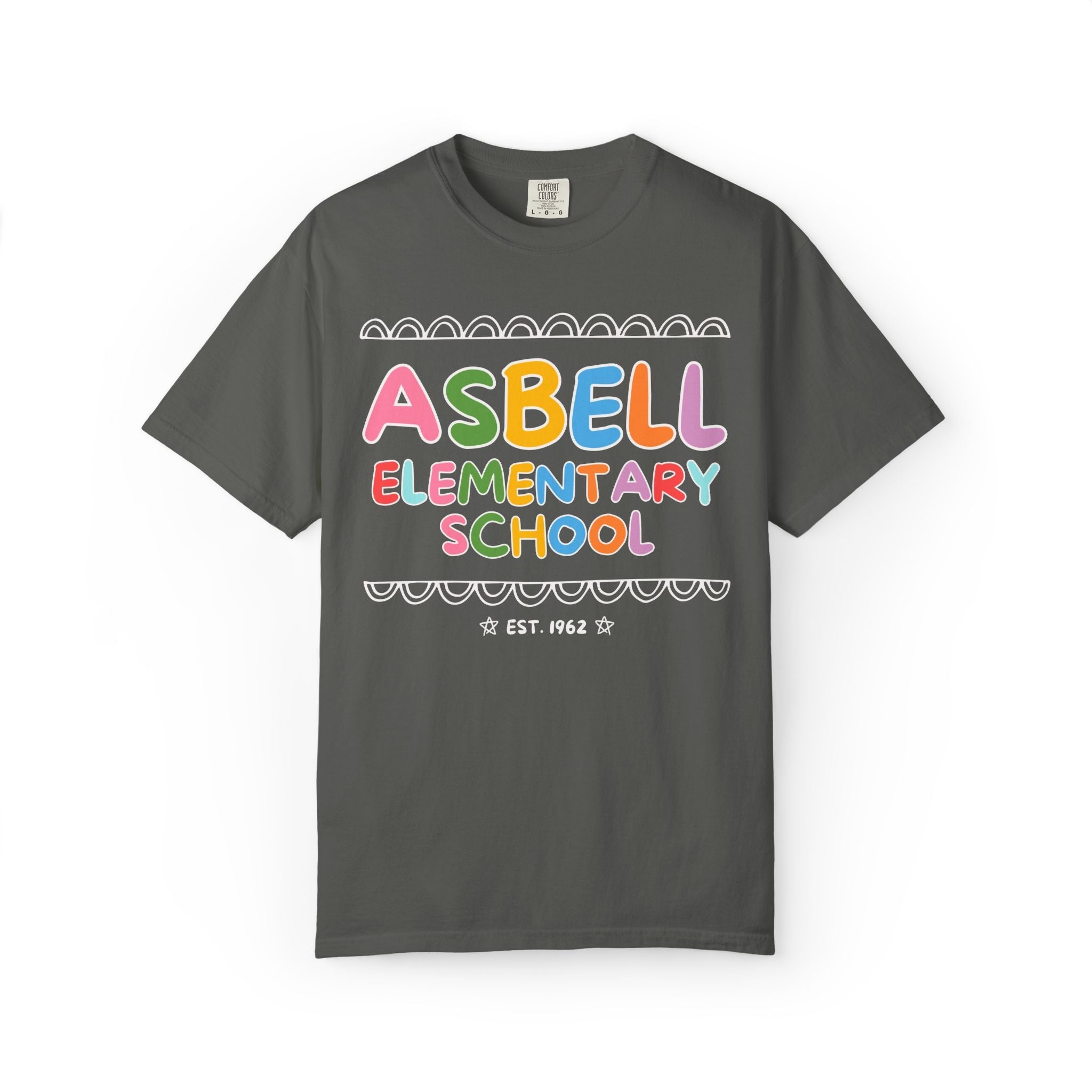 Asbell Elementary School Tee Shirt: Rainbow Letters | FPS + Opal and June Tee Shirt, Fayetteville Public Schools - Opal and June