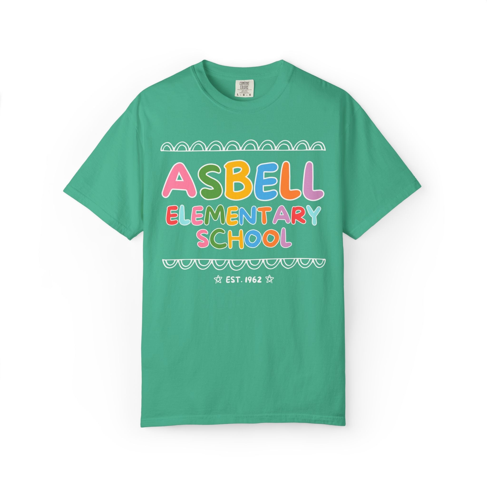 Asbell Elementary School Tee Shirt: Rainbow Letters | FPS + Opal and June Tee Shirt, Fayetteville Public Schools - Opal and June