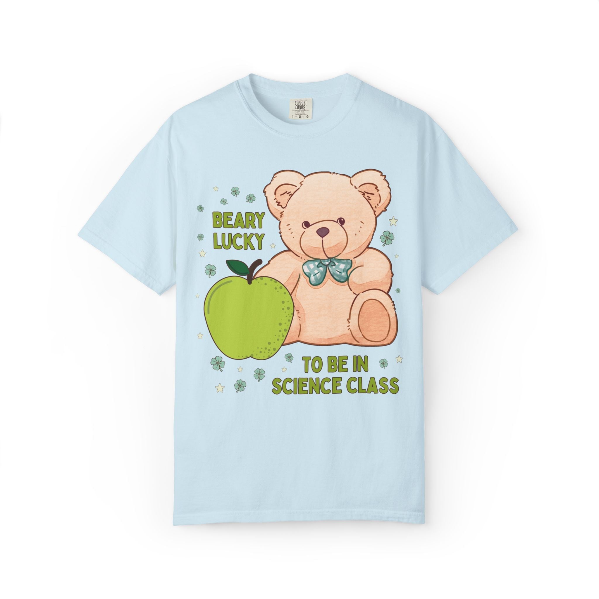 Beary Lucky to Be in Science Class St Patrick's Day Tee, Nostalgic and Maximalist Matching Teacher Tee Shirt with Cute Clovers, Cottagecore Bear - Opal and June