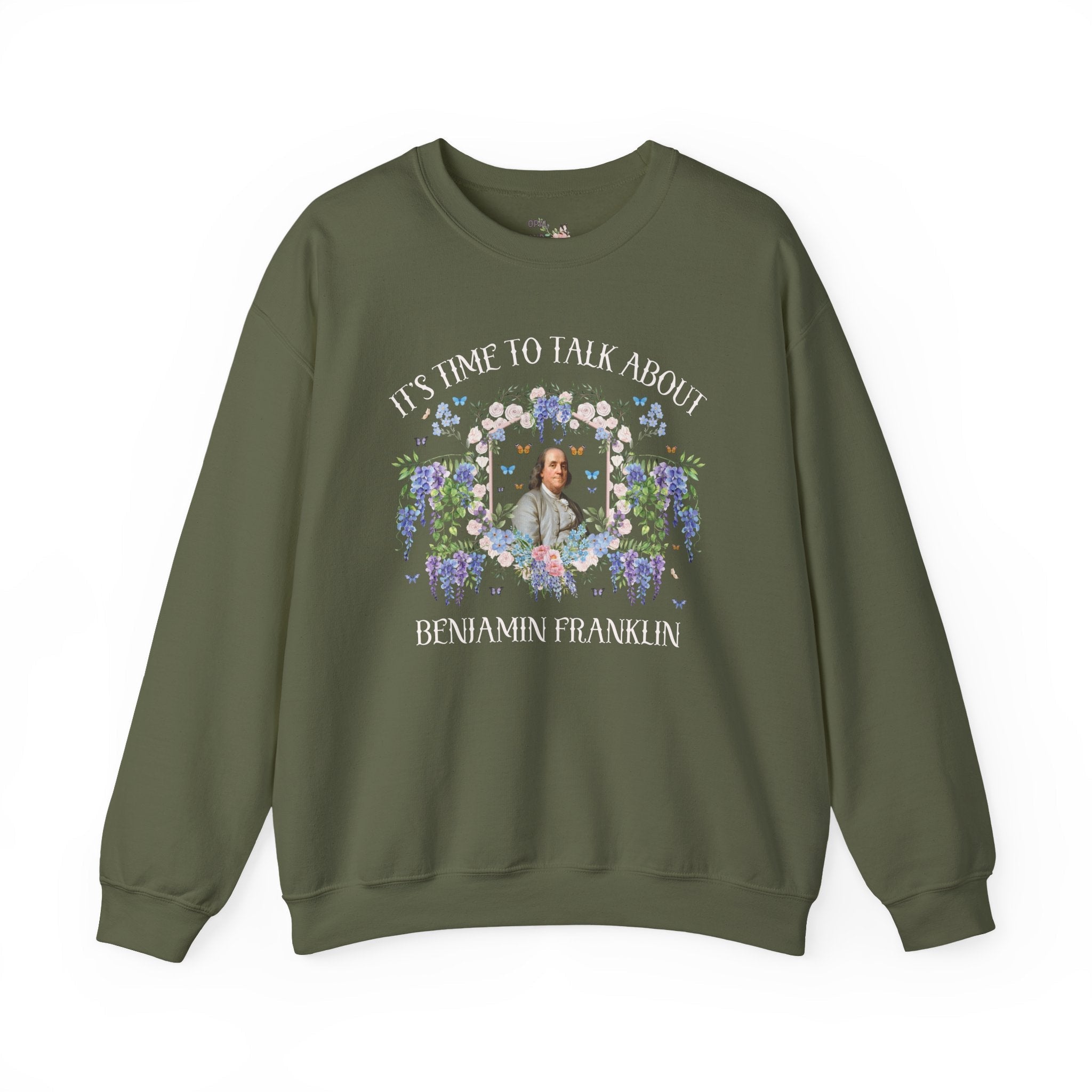 Benjamin Franklin American History Buff Sweatshirt with Flowers: Early US History, Revolutionary War History Teacher Crewneck for Historian - Opal and June
