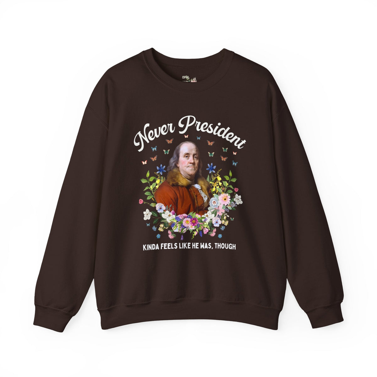 Benjamin Franklin American History Sweatshirt with Flowers: Never President, Kinda Feels Like He Was Though Silly US History Crewneck - Opal and June