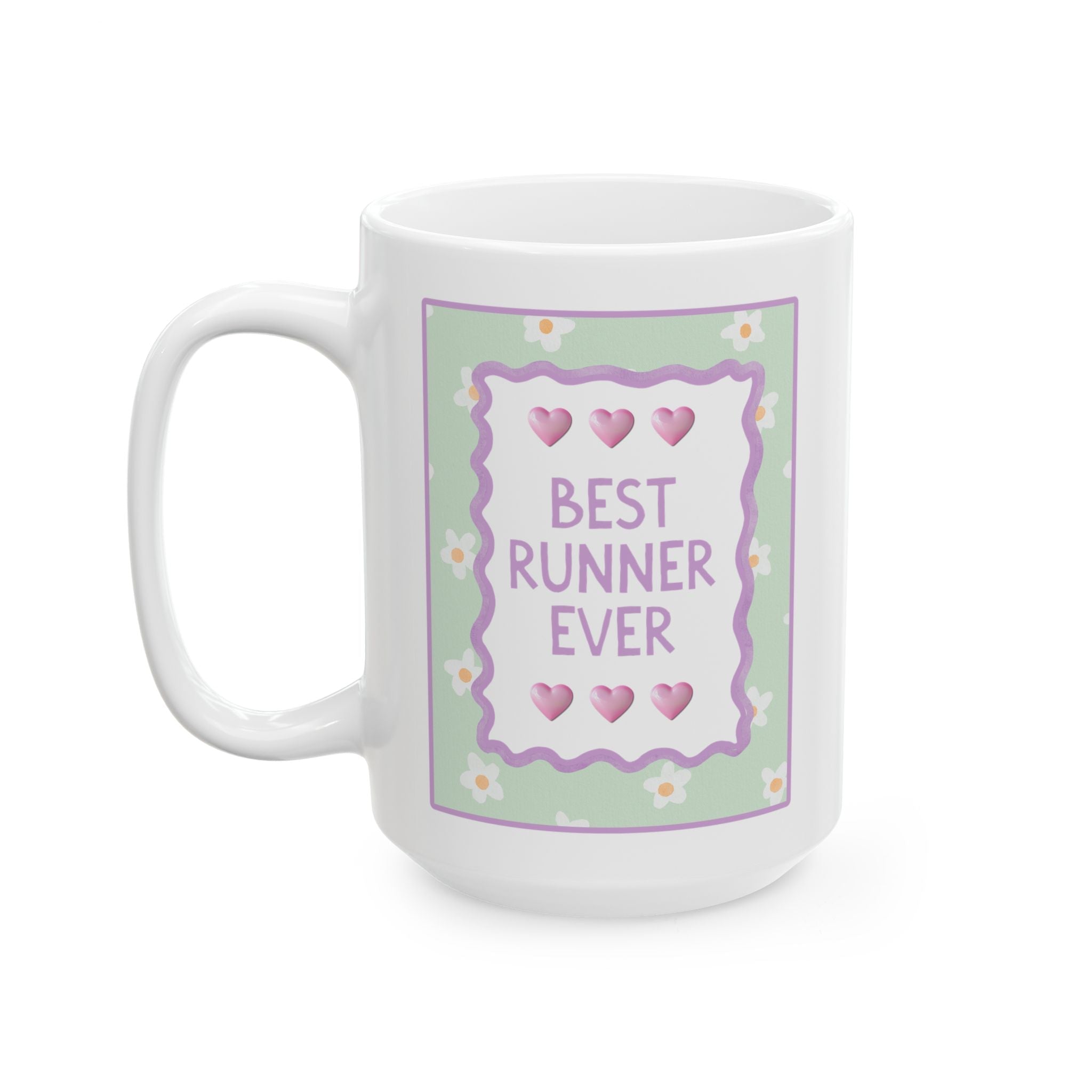 Best Runner Ever Coffee Mug: 15 Oz Mug for Coffee Lover | Pastel 90s Aesthetic Floral Mug with Hearts, Congratulations Gift for Marathon Runner - Opal and June