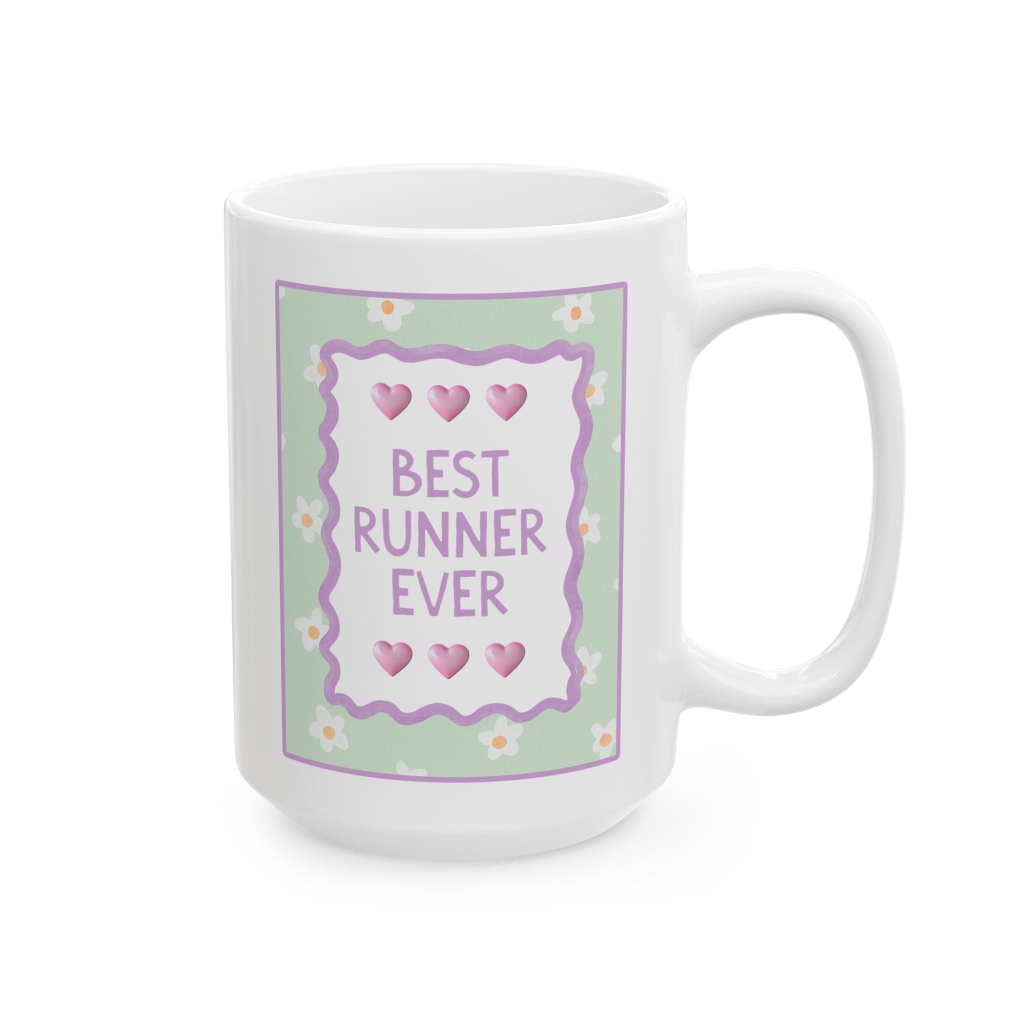 Best Runner Ever Coffee Mug: 15 Oz Mug for Coffee Lover | Pastel 90s Aesthetic Floral Mug with Hearts, Congratulations Gift for Marathon Runner - Opal and June