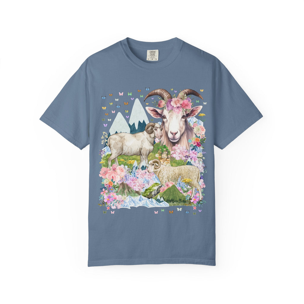 Bighorn Sheep or Floral Ram Animal Lover T-Shirt with Flowers, Colorful Goblincore Shirt for Biologist or Friend Who Loves Animals, 90s Vibe - Opal and June