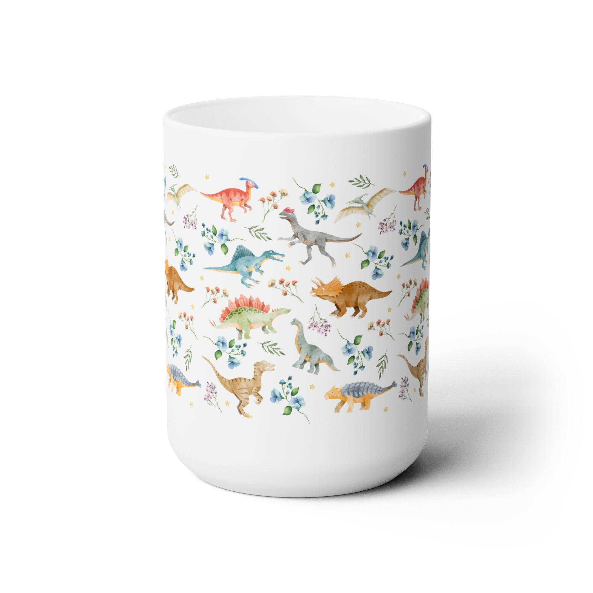 Boho Floral Dinosaur Mug with Stars: Cute Goblincore Dinosaur Lover Coffee Mug for Paleontologist or Science Teacher, Dinosaur Birthday Gift - Opal and June