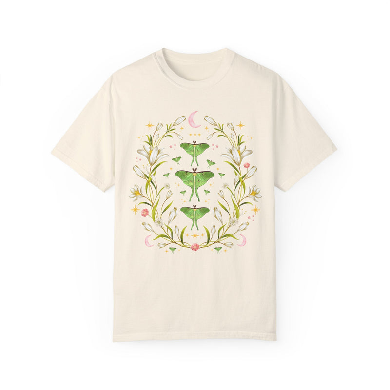 Boho Luna Moth Tee Shirt with Watercolor Flowers and Stars: Cute Cottagecore Floral T-Shirt with Whimsigoth Celestial Vibes, 90s Aesthetic - Opal and June