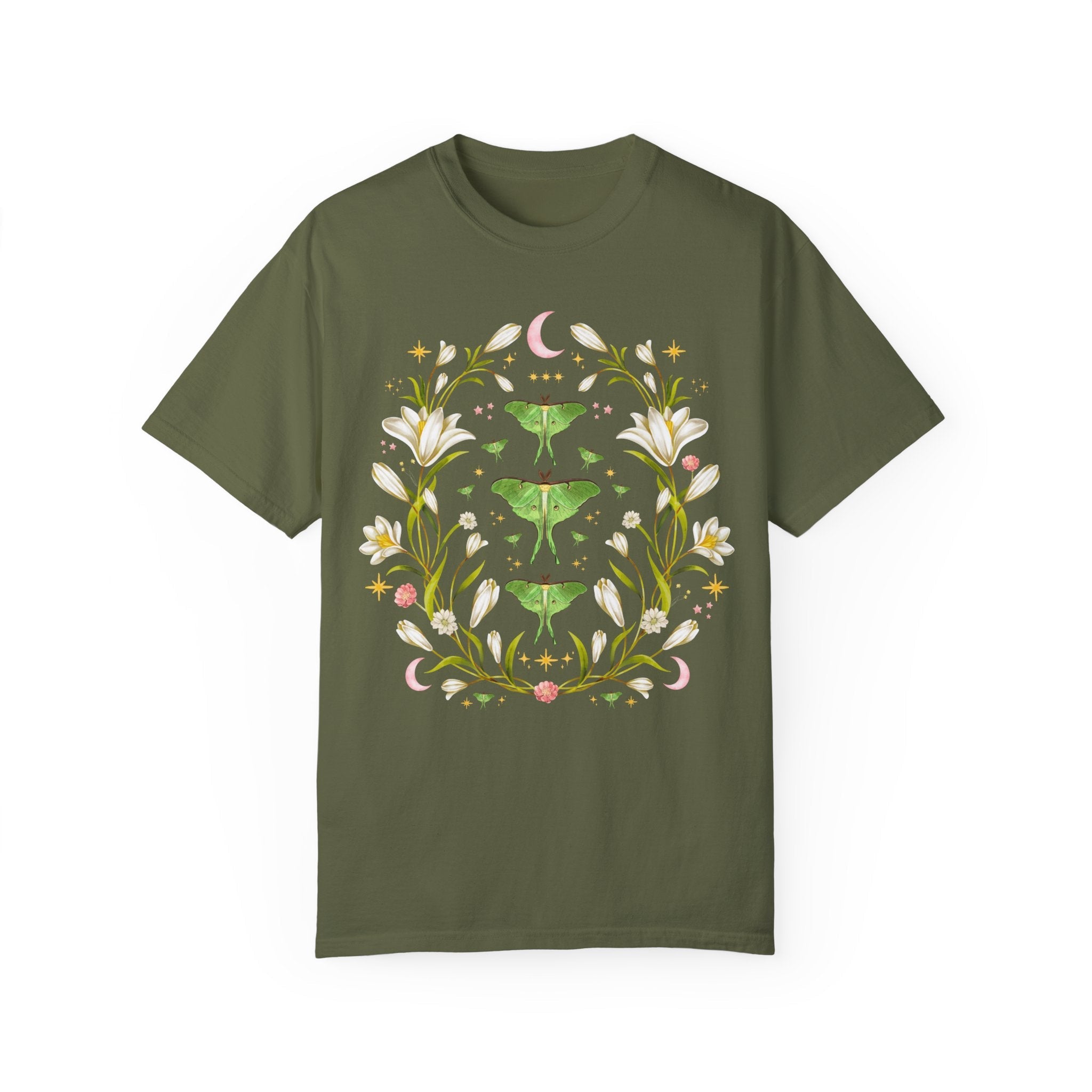 Boho Luna Moth Tee Shirt with Watercolor Flowers and Stars: Cute Cottagecore Floral T-Shirt with Whimsigoth Celestial Vibes, 90s Aesthetic - Opal and June