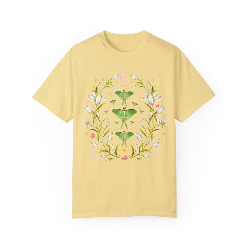 Boho Luna Moth Tee Shirt with Watercolor Flowers and Stars: Cute Cottagecore Floral T-Shirt with Whimsigoth Celestial Vibes, 90s Aesthetic - Opal and June