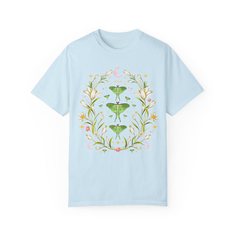 Boho Luna Moth Tee Shirt with Watercolor Flowers and Stars: Cute Cottagecore Floral T-Shirt with Whimsigoth Celestial Vibes, 90s Aesthetic - Opal and June