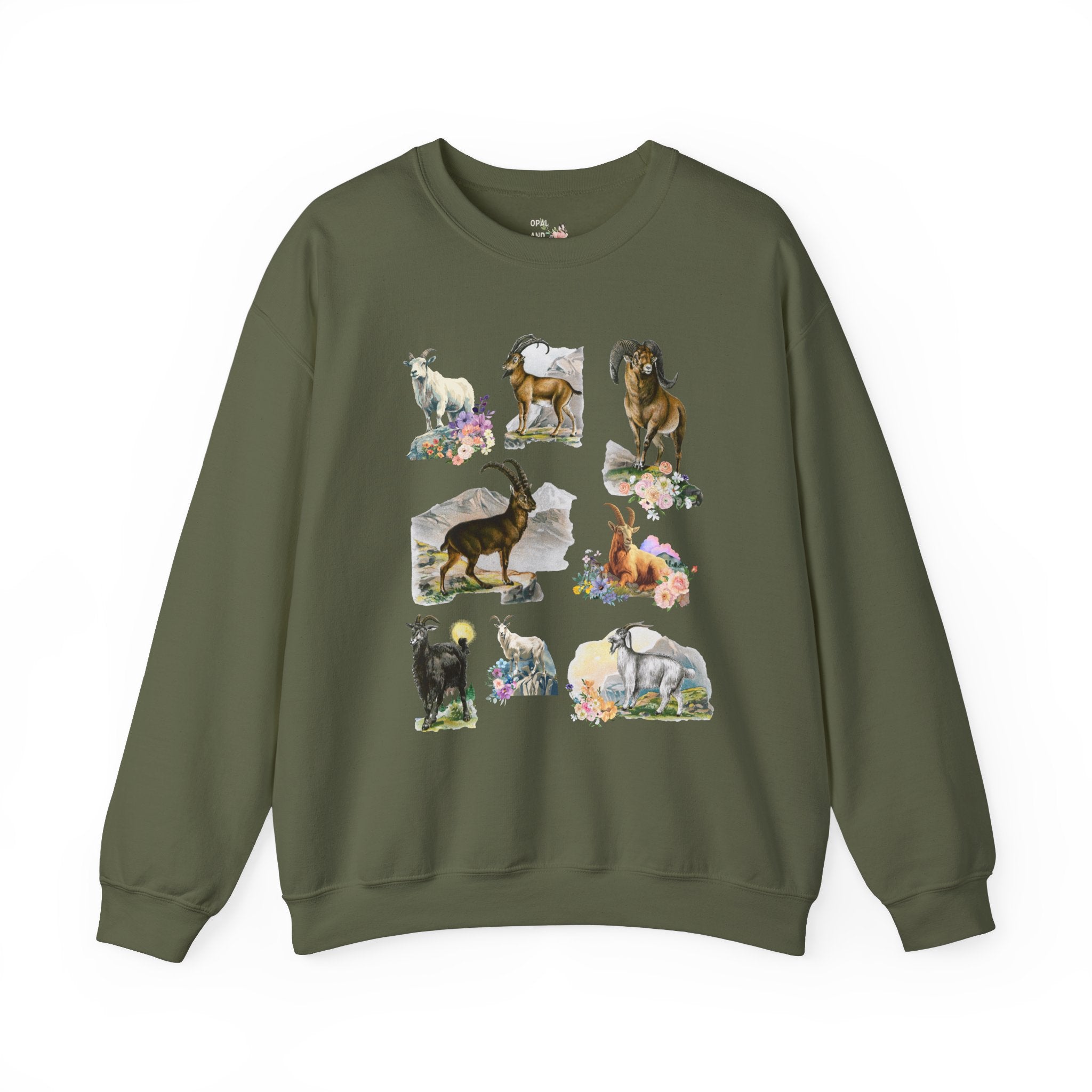 Boho Mountain Goat Animal Lover Sweatshirt, Friend Who Loves Animals and Hiking, Weirdcore Dreamcore 90s Scrapbook Aesthetic Floral Crewneck - Opal and June