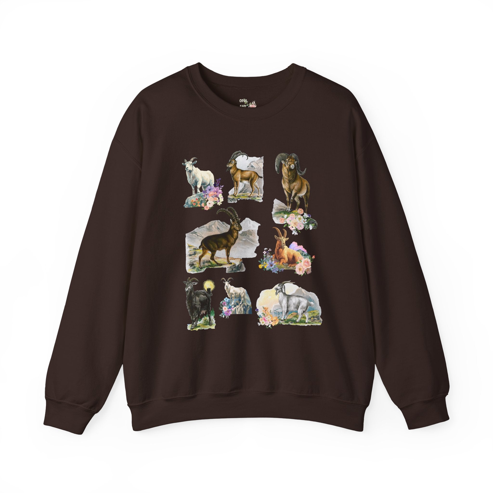 Boho Mountain Goat Animal Lover Sweatshirt, Friend Who Loves Animals and Hiking, Weirdcore Dreamcore 90s Scrapbook Aesthetic Floral Crewneck - Opal and June