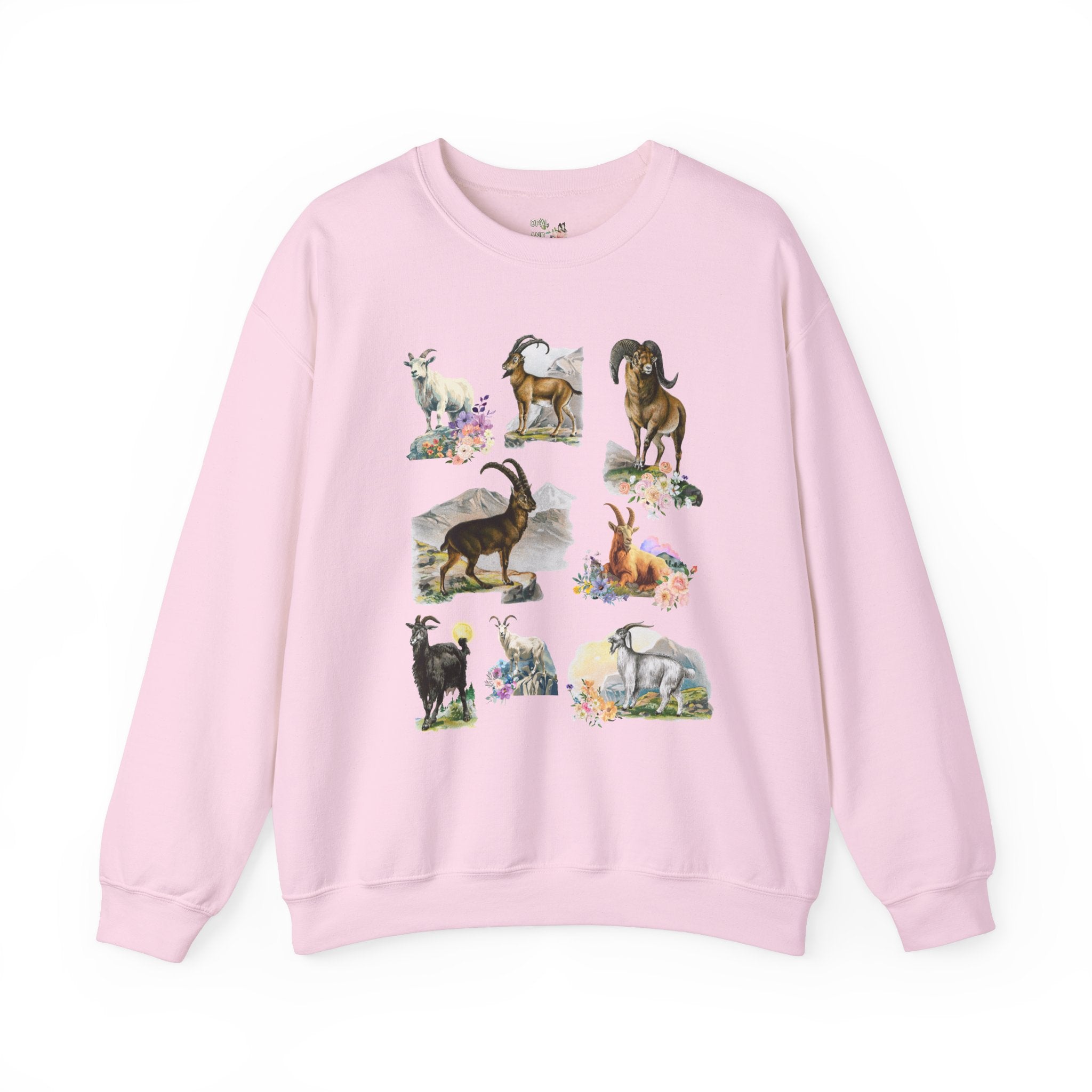Boho Mountain Goat Animal Lover Sweatshirt, Friend Who Loves Animals and Hiking, Weirdcore Dreamcore 90s Scrapbook Aesthetic Floral Crewneck - Opal and June