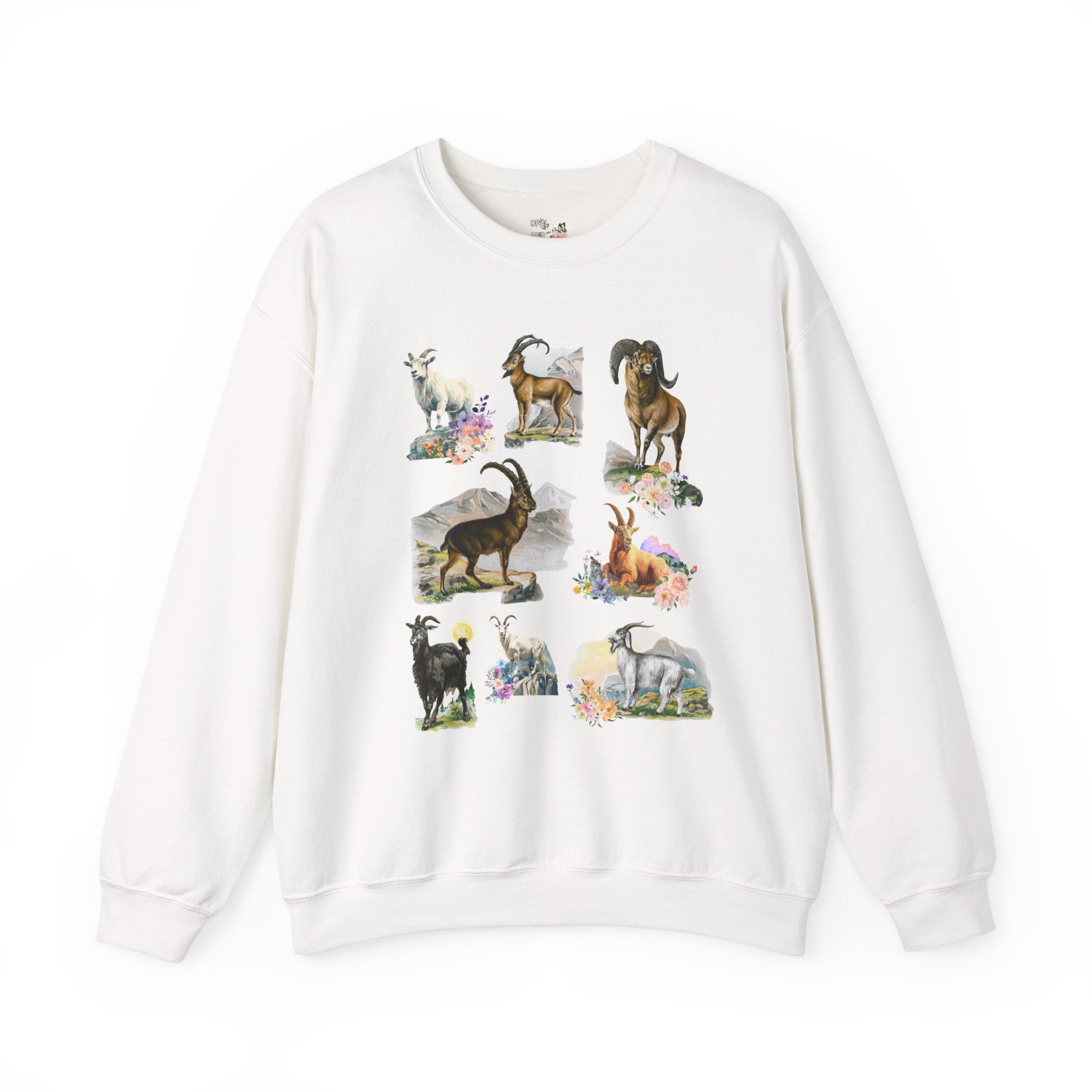 Boho Mountain Goat Animal Lover Sweatshirt, Friend Who Loves Animals and Hiking, Weirdcore Dreamcore 90s Scrapbook Aesthetic Floral Crewneck - Opal and June