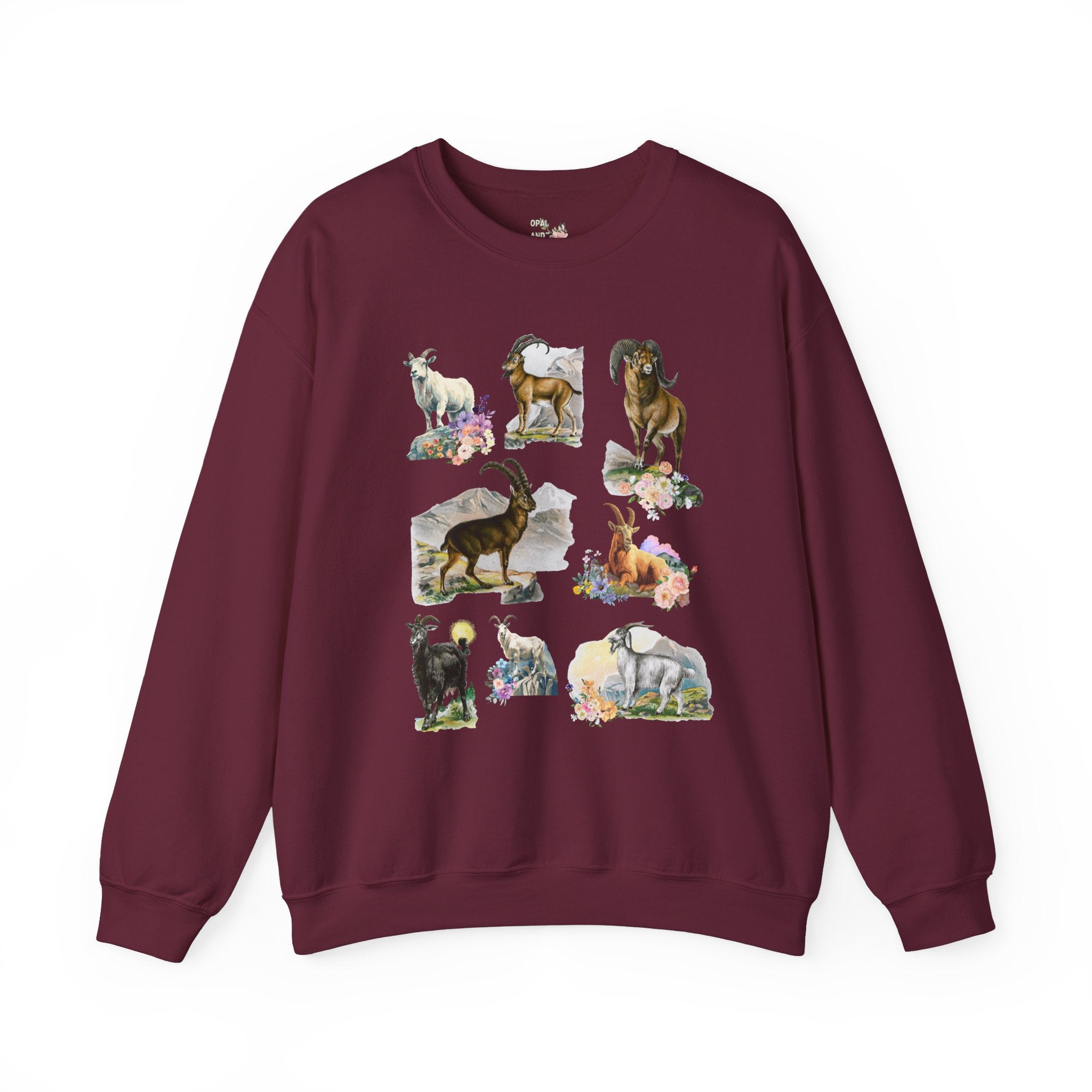 Boho Mountain Goat Animal Lover Sweatshirt, Friend Who Loves Animals and Hiking, Weirdcore Dreamcore 90s Scrapbook Aesthetic Floral Crewneck - Opal and June