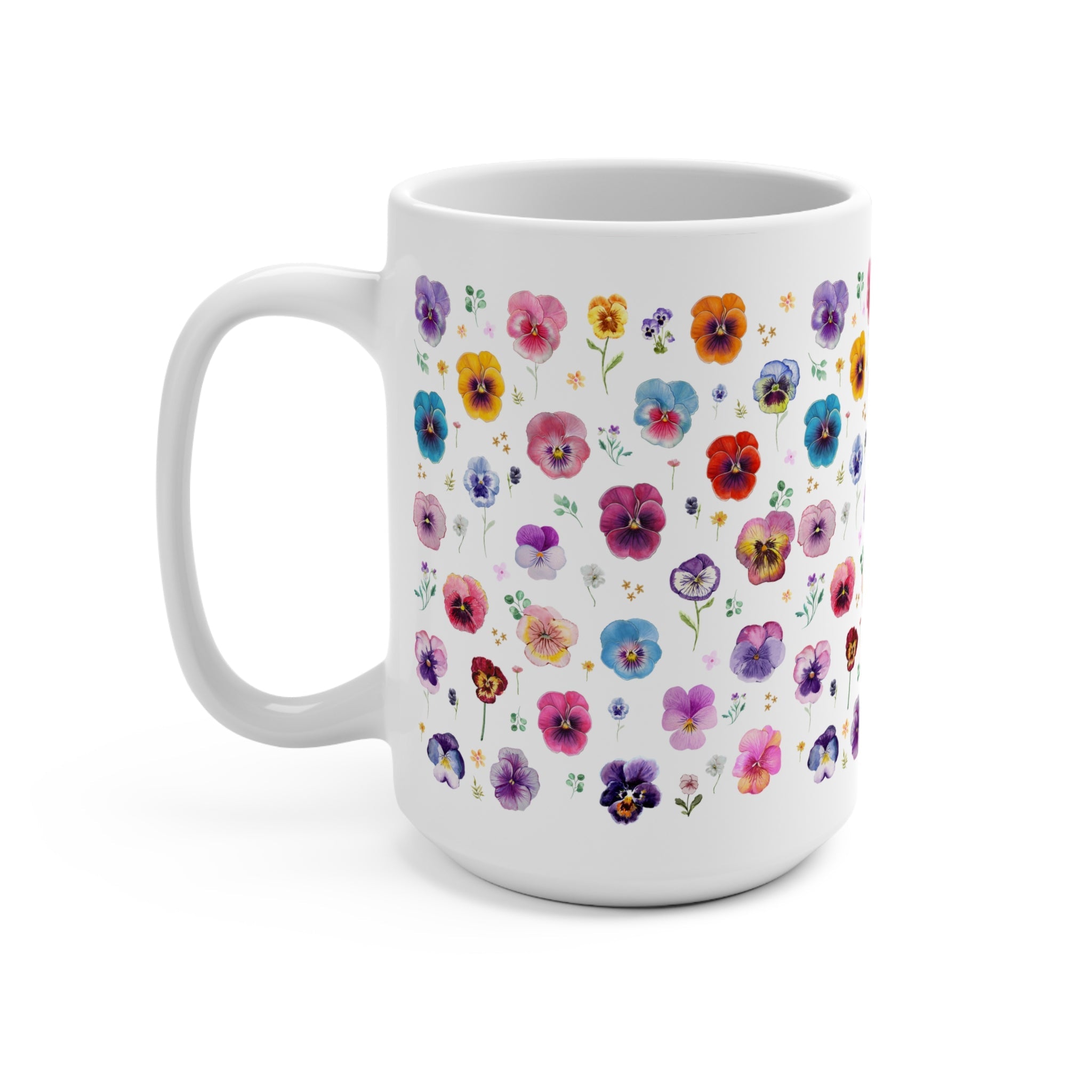 Boho Pressed Flower 15 Oz Coffee Mug: Cute Cottagecore Whimsigoth Pansy Mug, Colorful Maximalist Gift for Her Fairycore Wildflower Aesthetic - Opal and June