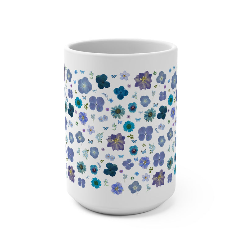 Boho Pressed Flowers 15 Oz Coffee Mug with Cozy Cottagecore Aesthetic: Cute Shades of Blue Flower Mug with Butterflies, Garden Lover Gift - Opal and June