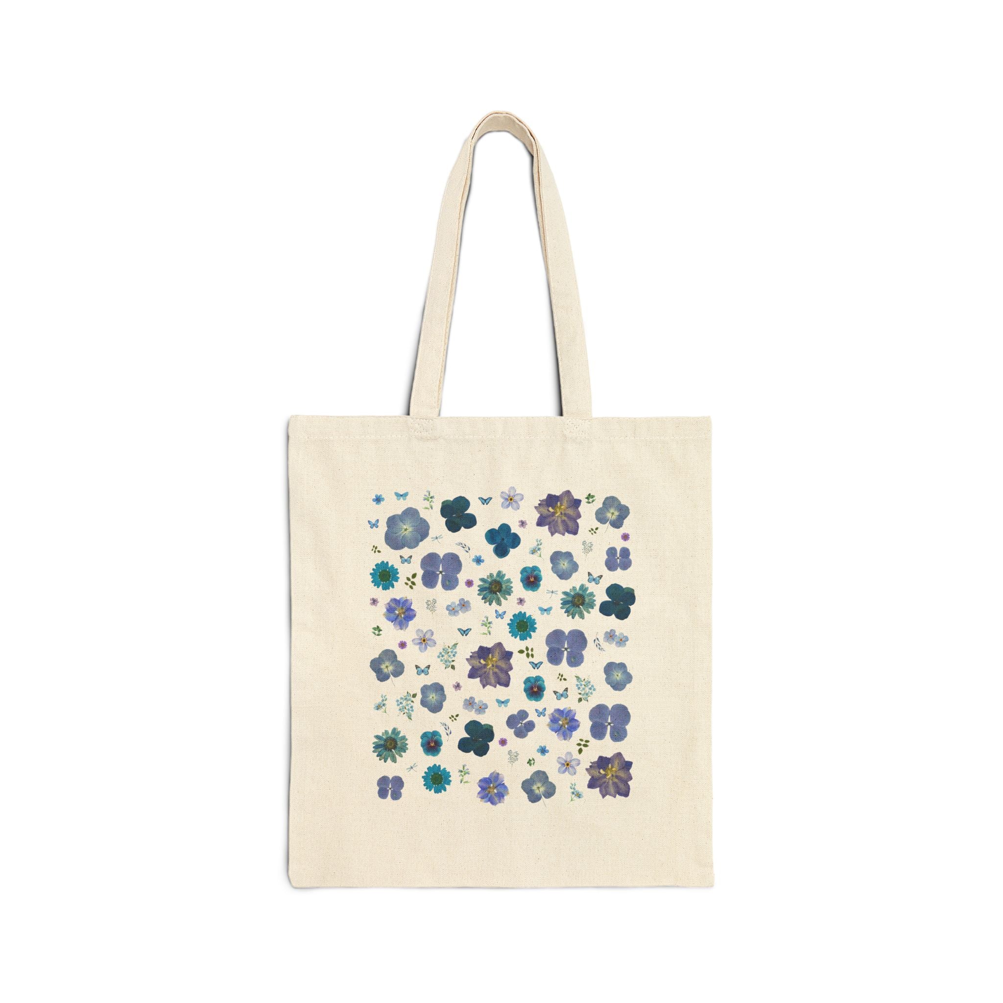 Boho Pressed Flowers Tote Bag with Cozy Cottagecore Aesthetic: Cute Shades of Blue Flower Tote Bag with Butterflies, Garden Lover Gift - Opal and June