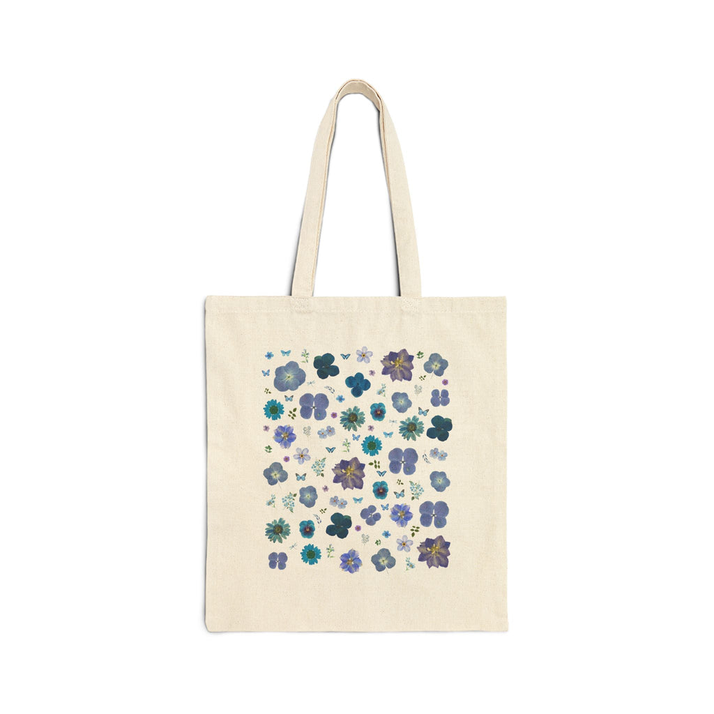 Boho Pressed Flowers Tote Bag with Cozy Cottagecore Aesthetic: Cute Shades of Blue Flower Tote Bag with Butterflies, Garden Lover Gift - Opal and June
