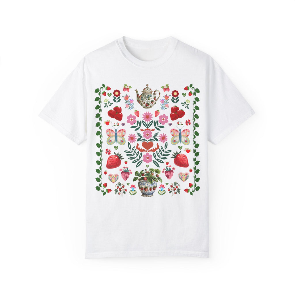 Boho Strawberry Tee Shirt, Garden Lover, Cute Cottagecore Berries T-Shirt, Vintage Botanical Gardening Tee with Strawberries and Butterflies - Opal and June