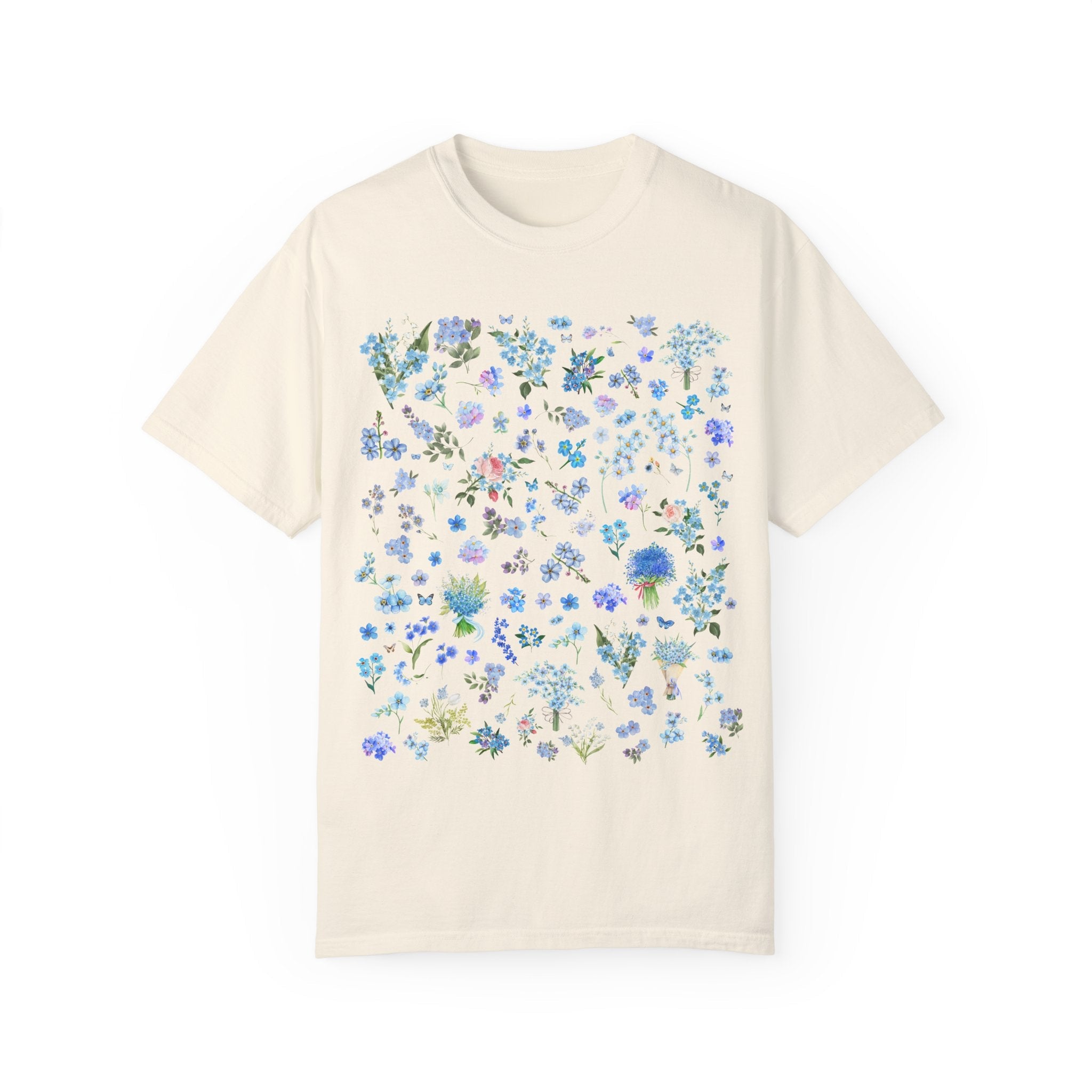 Boho Wildflower Tee Shirt with Forget Me Not Flowers and Butterflies, September Birth Month Flower, Cute Birthday Gift or Mother's Day Gift - Opal and June