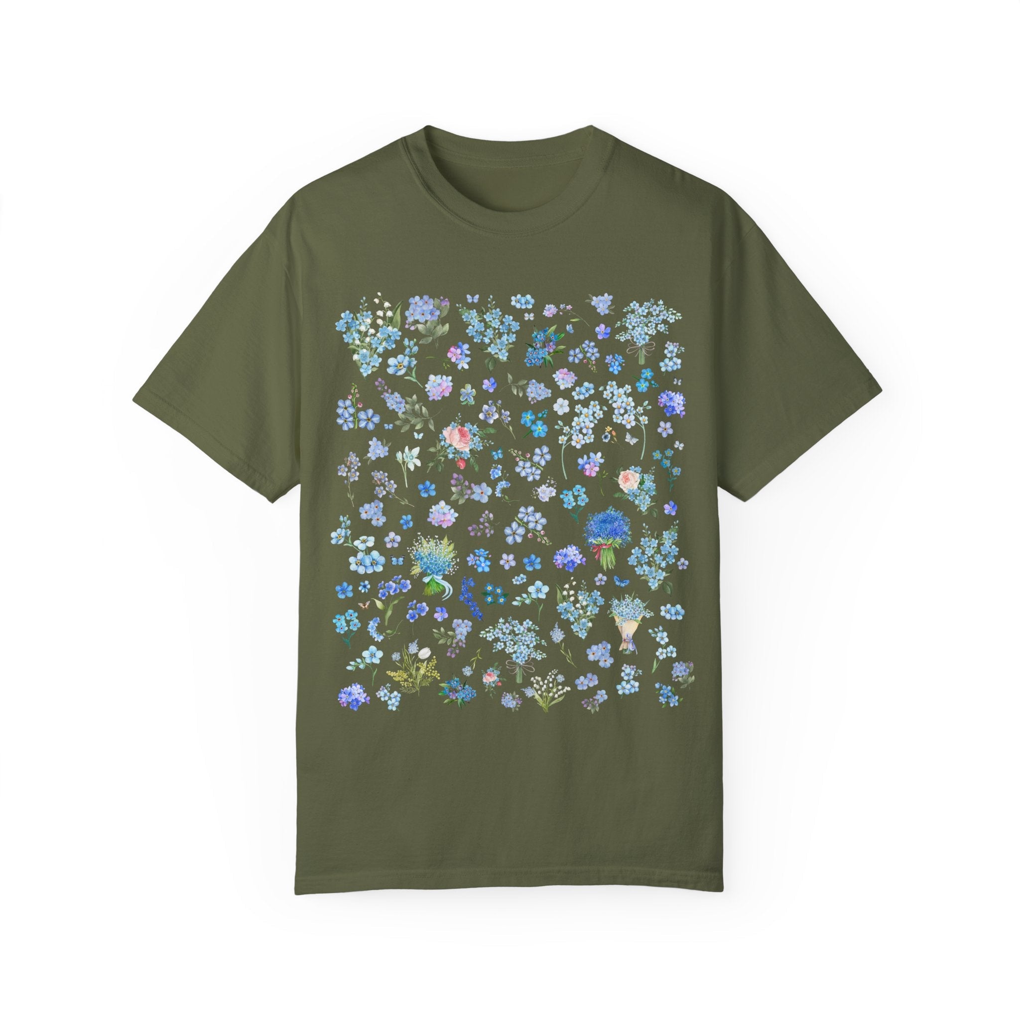 Boho Wildflower Tee Shirt with Forget Me Not Flowers and Butterflies, September Birth Month Flower, Cute Birthday Gift or Mother's Day Gift - Opal and June