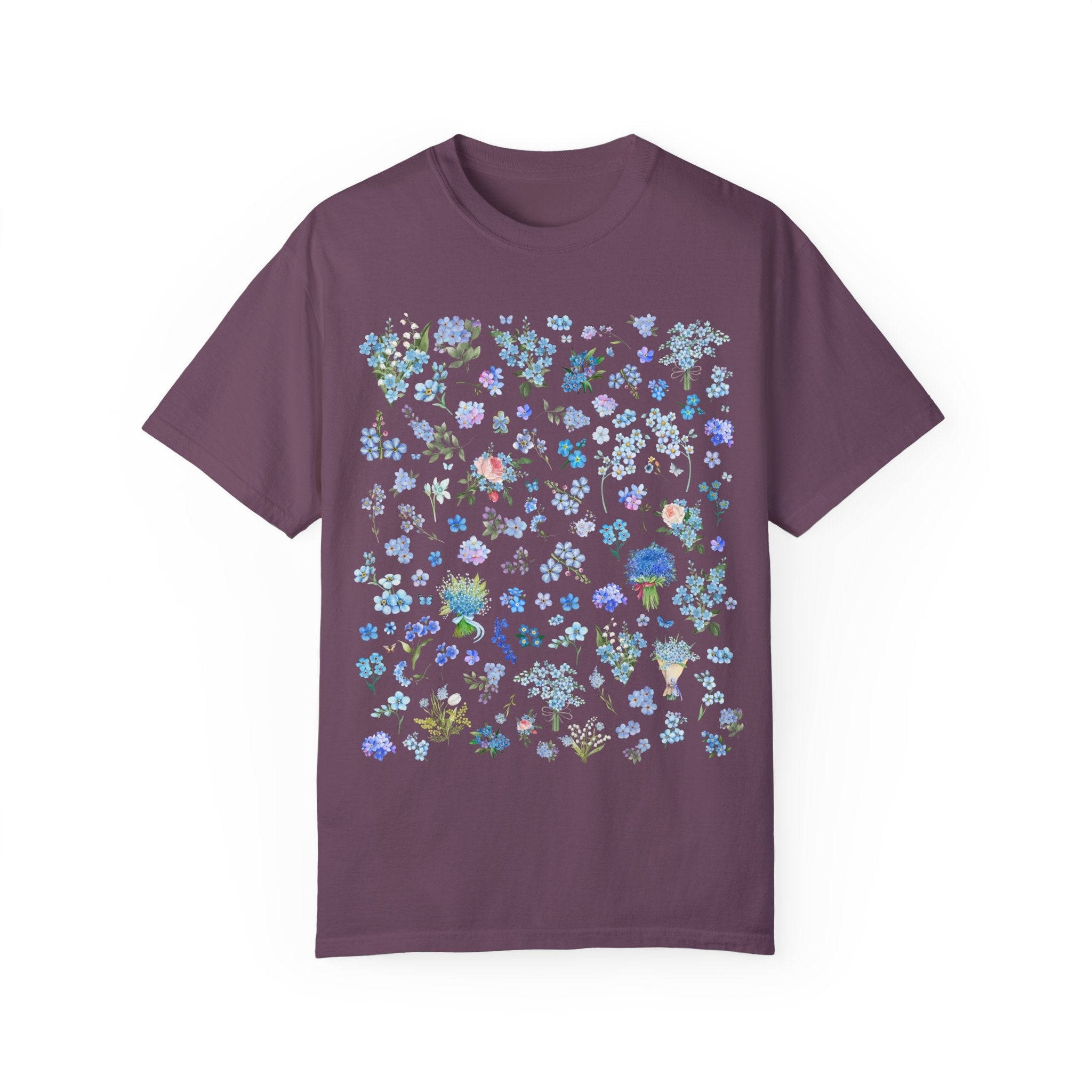 Boho Wildflower Tee Shirt with Forget Me Not Flowers and Butterflies, September Birth Month Flower, Cute Birthday Gift or Mother's Day Gift - Opal and June