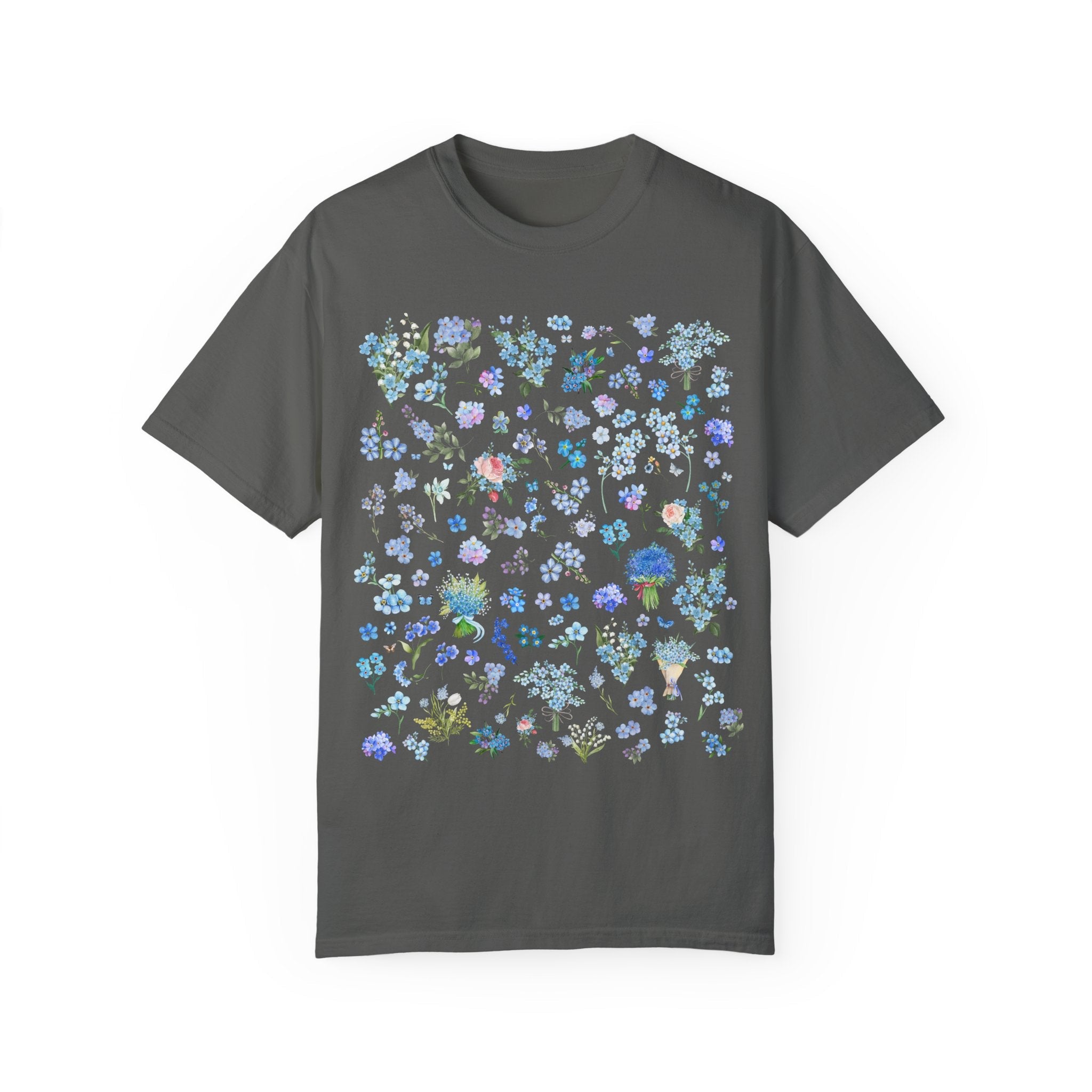 Boho Wildflower Tee Shirt with Forget Me Not Flowers and Butterflies, September Birth Month Flower, Cute Birthday Gift or Mother's Day Gift - Opal and June