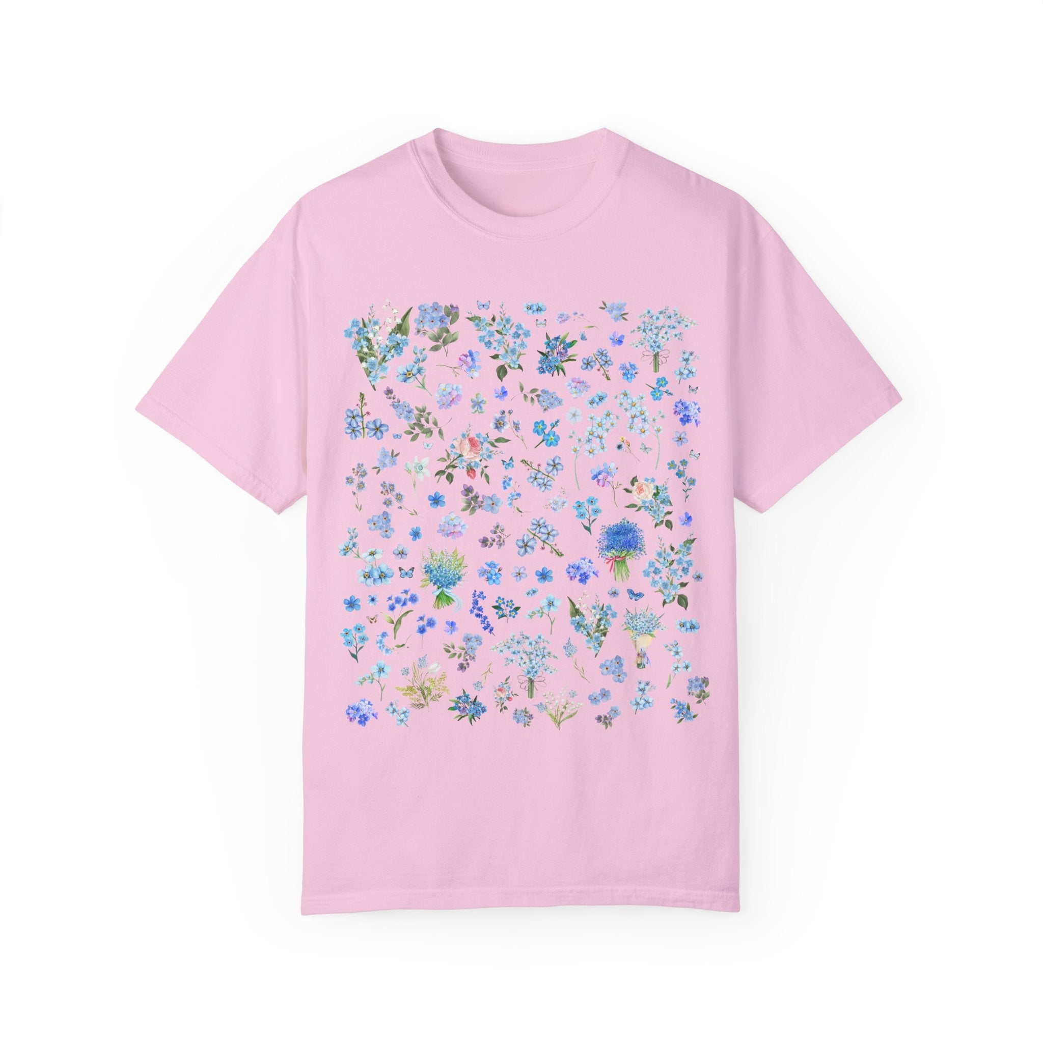 Boho Wildflower Tee Shirt with Forget Me Not Flowers and Butterflies, September Birth Month Flower, Cute Birthday Gift or Mother's Day Gift - Opal and June
