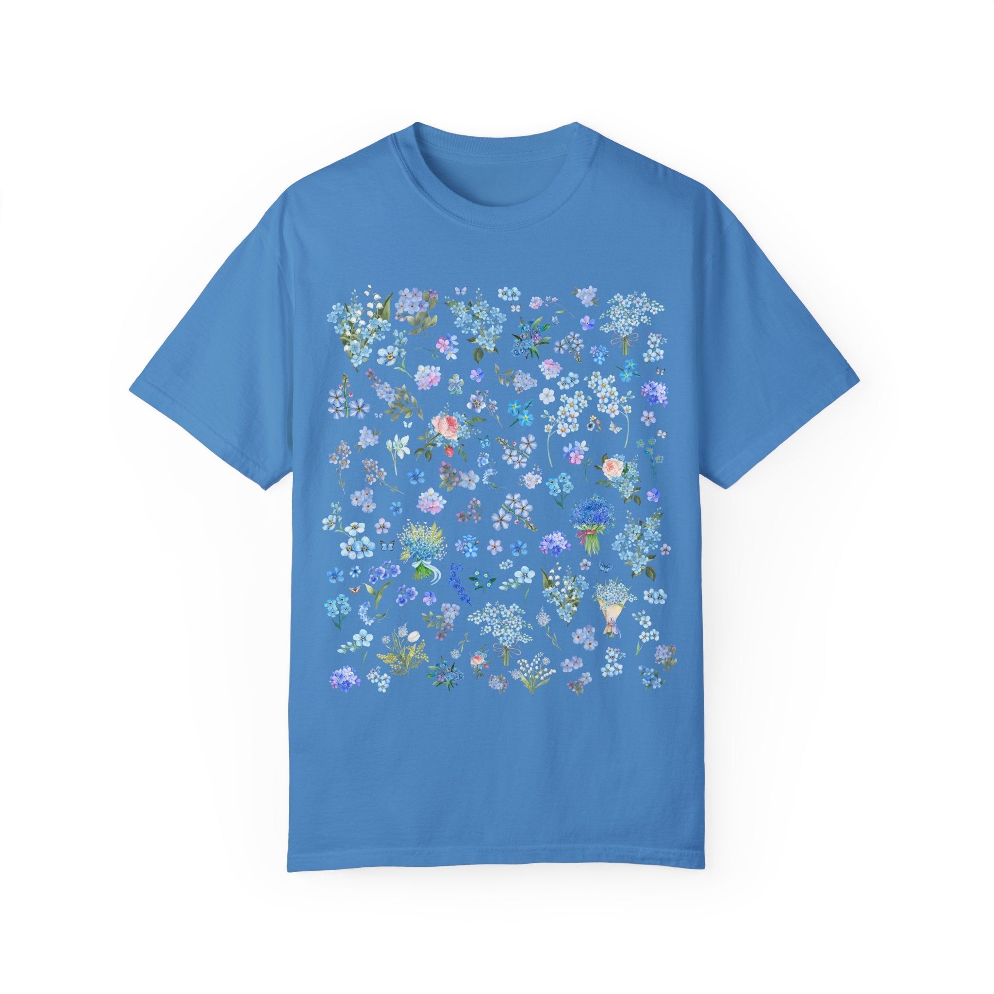 Boho Wildflower Tee Shirt with Forget Me Not Flowers and Butterflies, September Birth Month Flower, Cute Birthday Gift or Mother's Day Gift - Opal and June