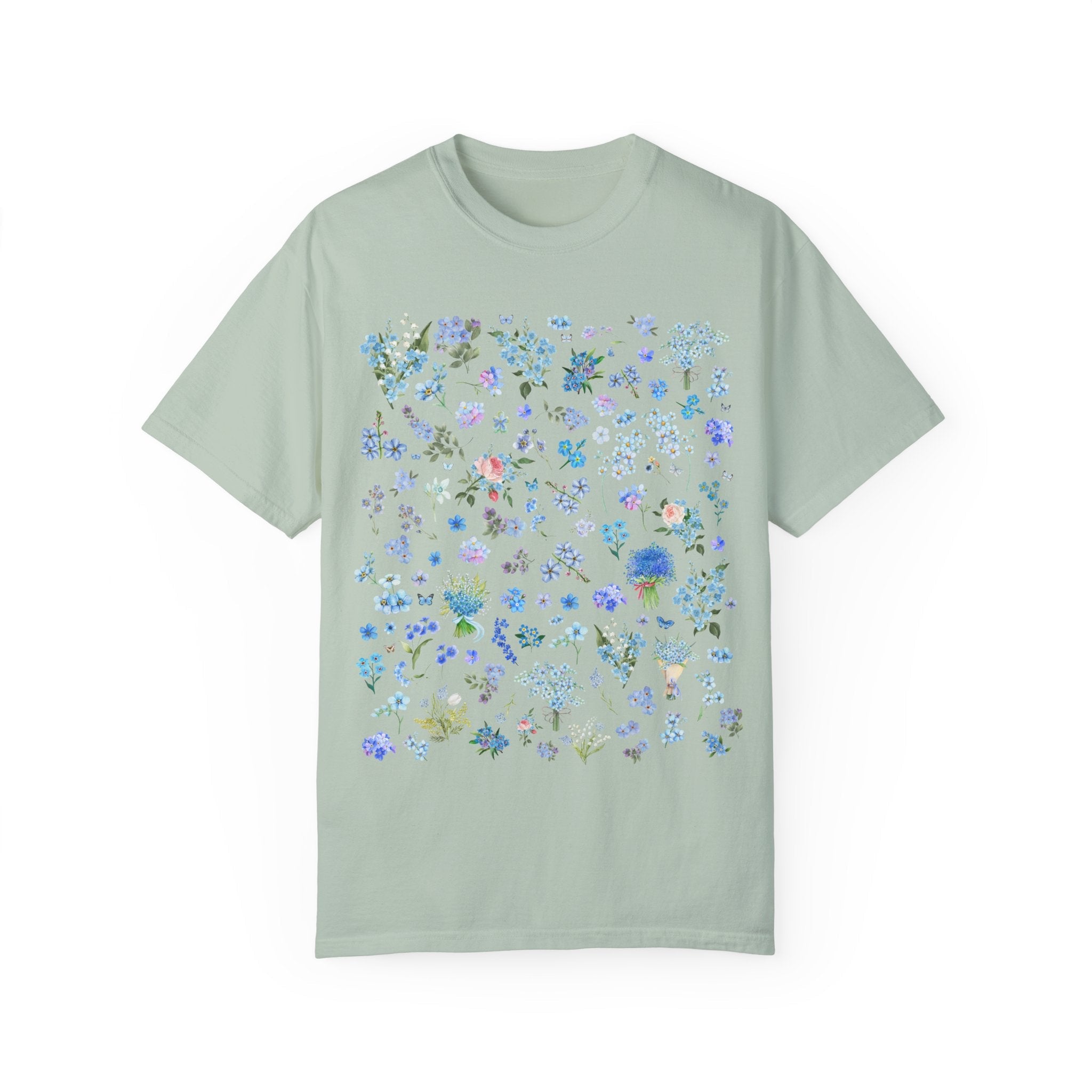 Boho Wildflower Tee Shirt with Forget Me Not Flowers and Butterflies, September Birth Month Flower, Cute Birthday Gift or Mother's Day Gift - Opal and June