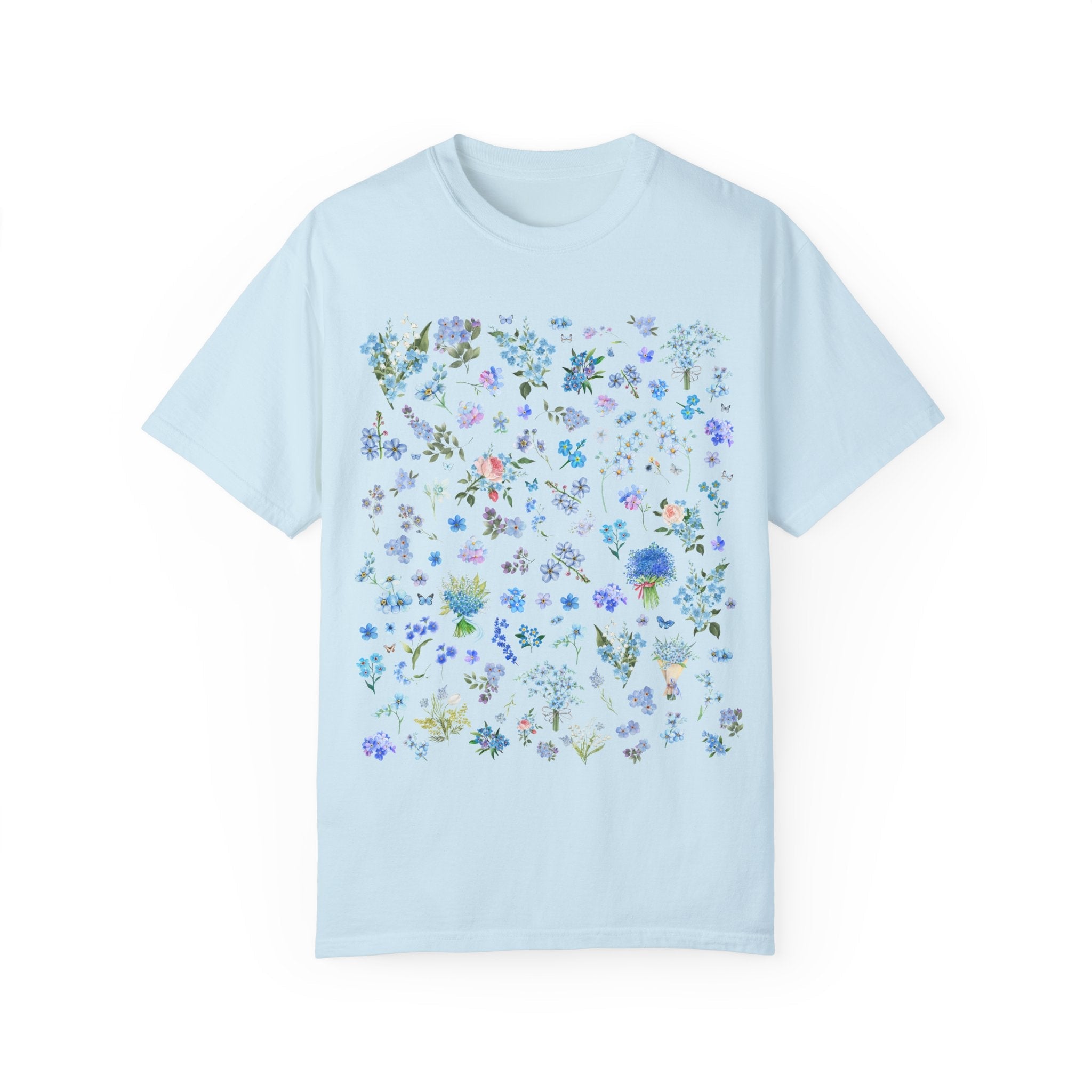 Boho Wildflower Tee Shirt with Forget Me Not Flowers and Butterflies, September Birth Month Flower, Cute Birthday Gift or Mother's Day Gift - Opal and June