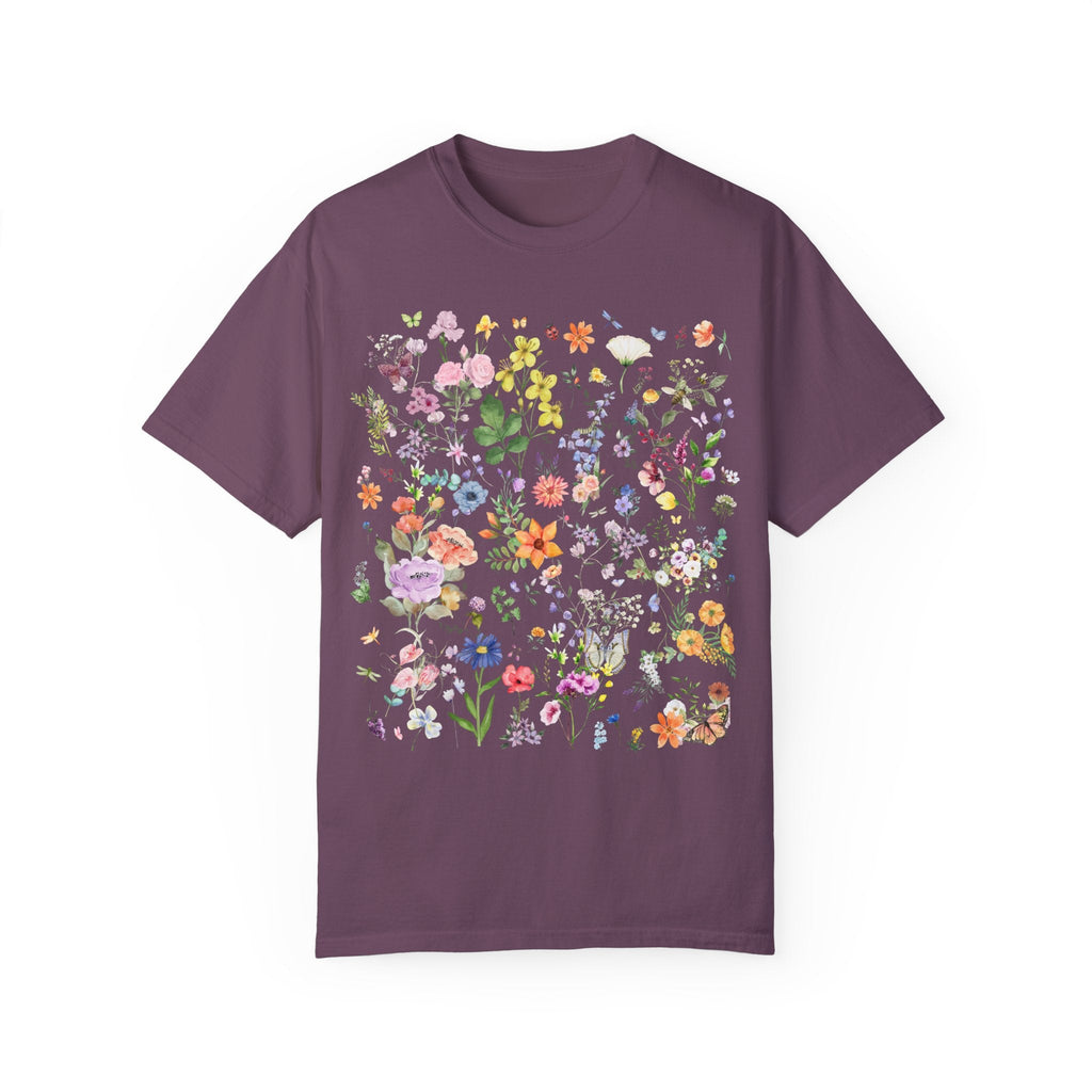 Boho Wildflower Vintage Pressed Flower Shirt with Butterflies, Floral Goblincore Tee with Butterflies, Soft Girl Style Cottagecore Aesthetic - Opal and June