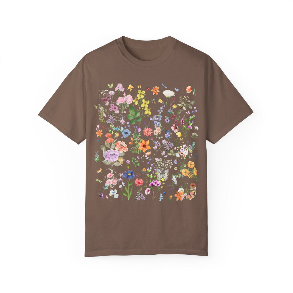 Boho Wildflower Vintage Pressed Flower Shirt with Butterflies, Floral Goblincore Tee with Butterflies, Soft Girl Style Cottagecore Aesthetic - Opal and June