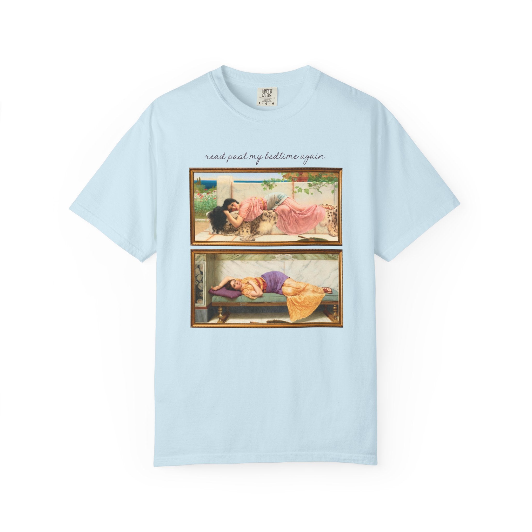 Book Lover Art History Tee Shirt for Romance Reader or Librarian: Read Past My Bedtime Again, Funny and Pretty Soft Girl Style Bookworm Tee - Opal and June